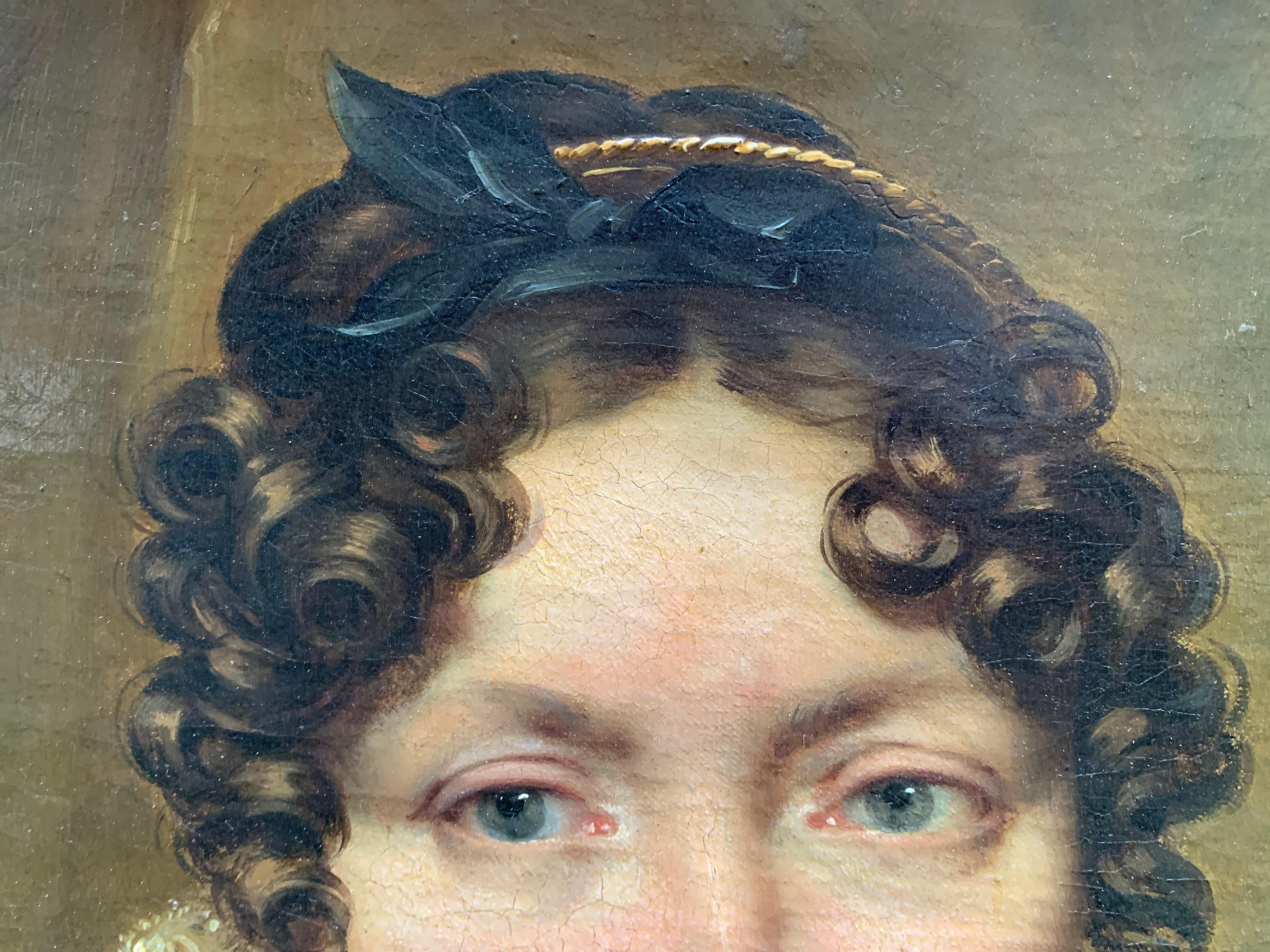Um 1820

Porträt einer Frau.

Léon Cogniet (1794-1880, Paris), zugeschrieben.

Französische Schule des 19. Jahrhunderts.

Technik: Öl auf Leinwand.

Abmessungen: 70cm x 61cm

Holzrahmen aus dem 20. Jahrhundert.

Auf dem Holzrahmen ist eine alte