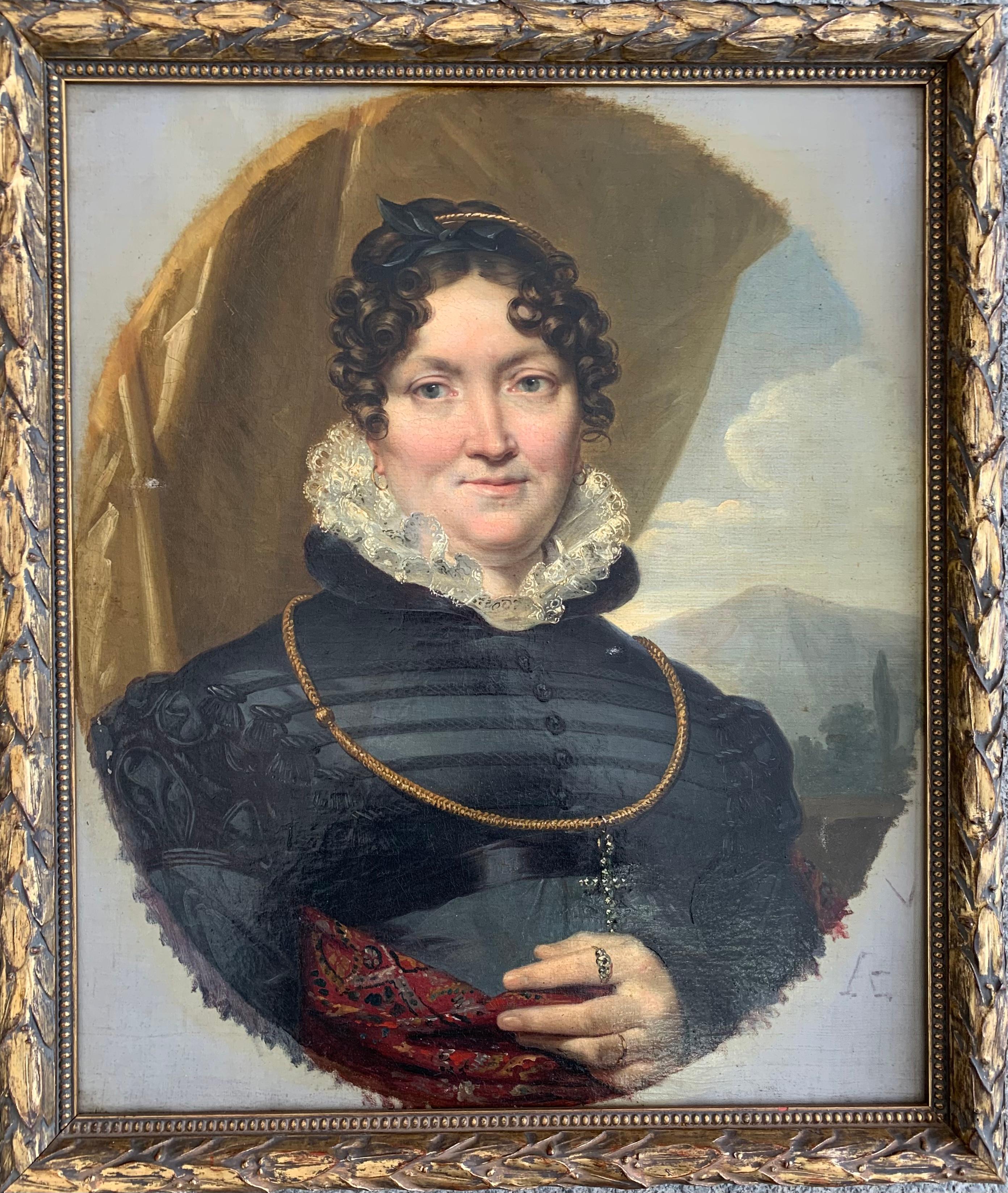 Portrait Painting Léon Cogniet - Vers 1820 Portrait d'une femme avec un châle du Cachemire.