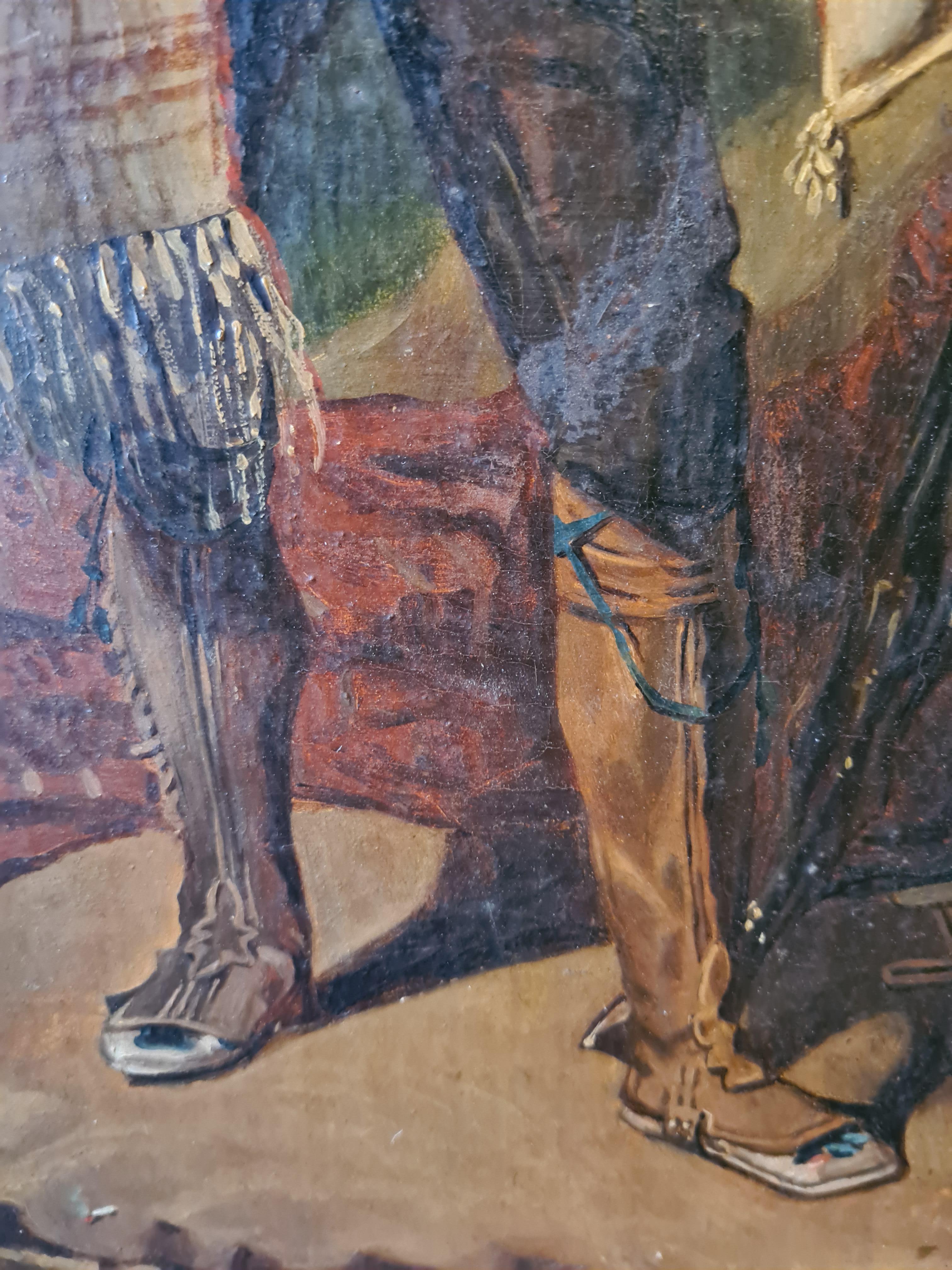 Huile sur toile du milieu du XIXe siècle représentant un brigand italien, non signée, dans un cadre en bois peint et doré.

La peinture est un rendu fin et fascinant avec beaucoup de caractère et de détails merveilleux dans le costume, les