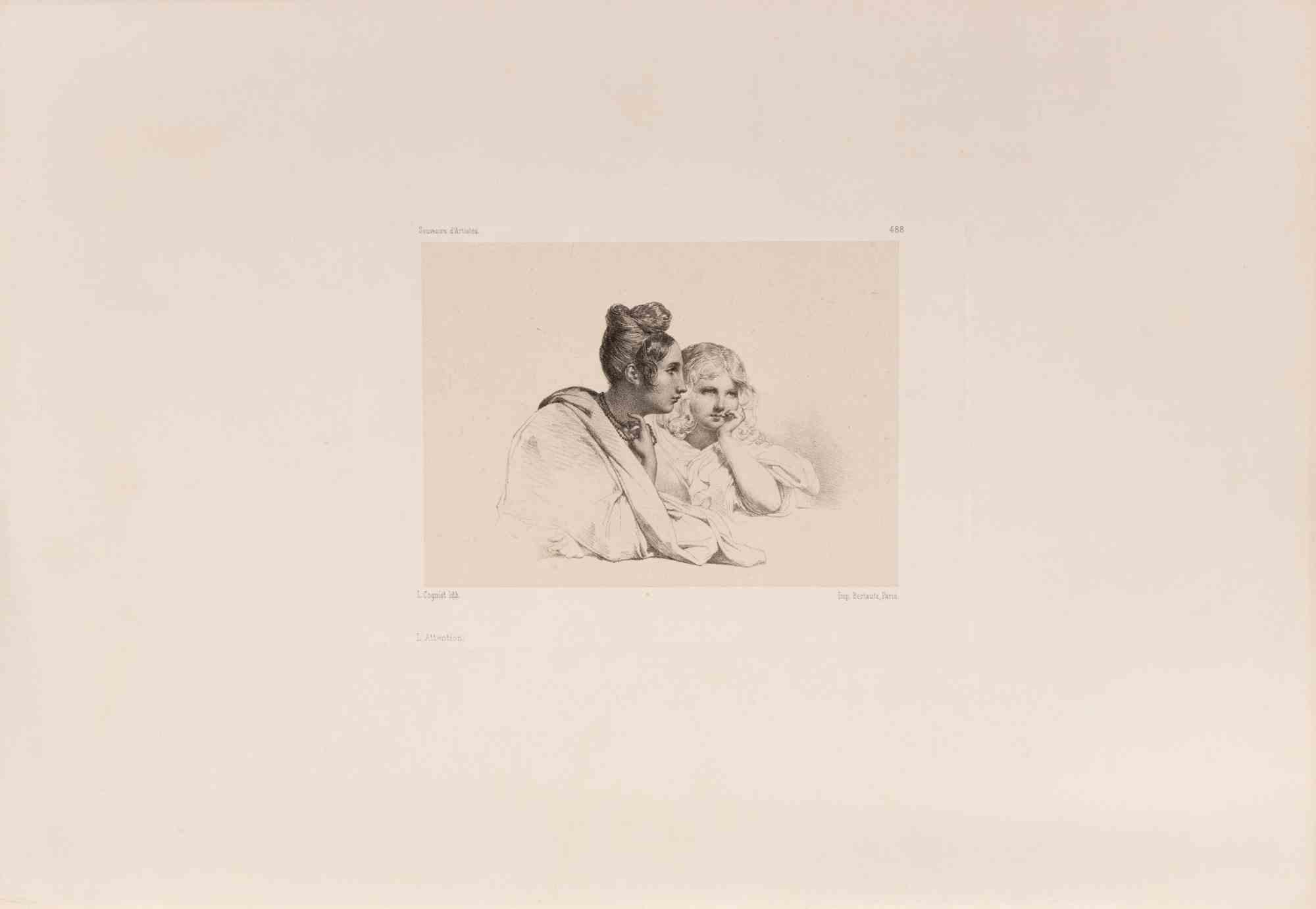 The Attention is a print artwork realized by French artist Léon Cogniet (1794–1880).

Lithograph on paper

Signed on the plate

Good conditions.

Image dimension:13 x 17 cm

It is also known as "L'Attention (Madame Cogniet et sa fille), The
