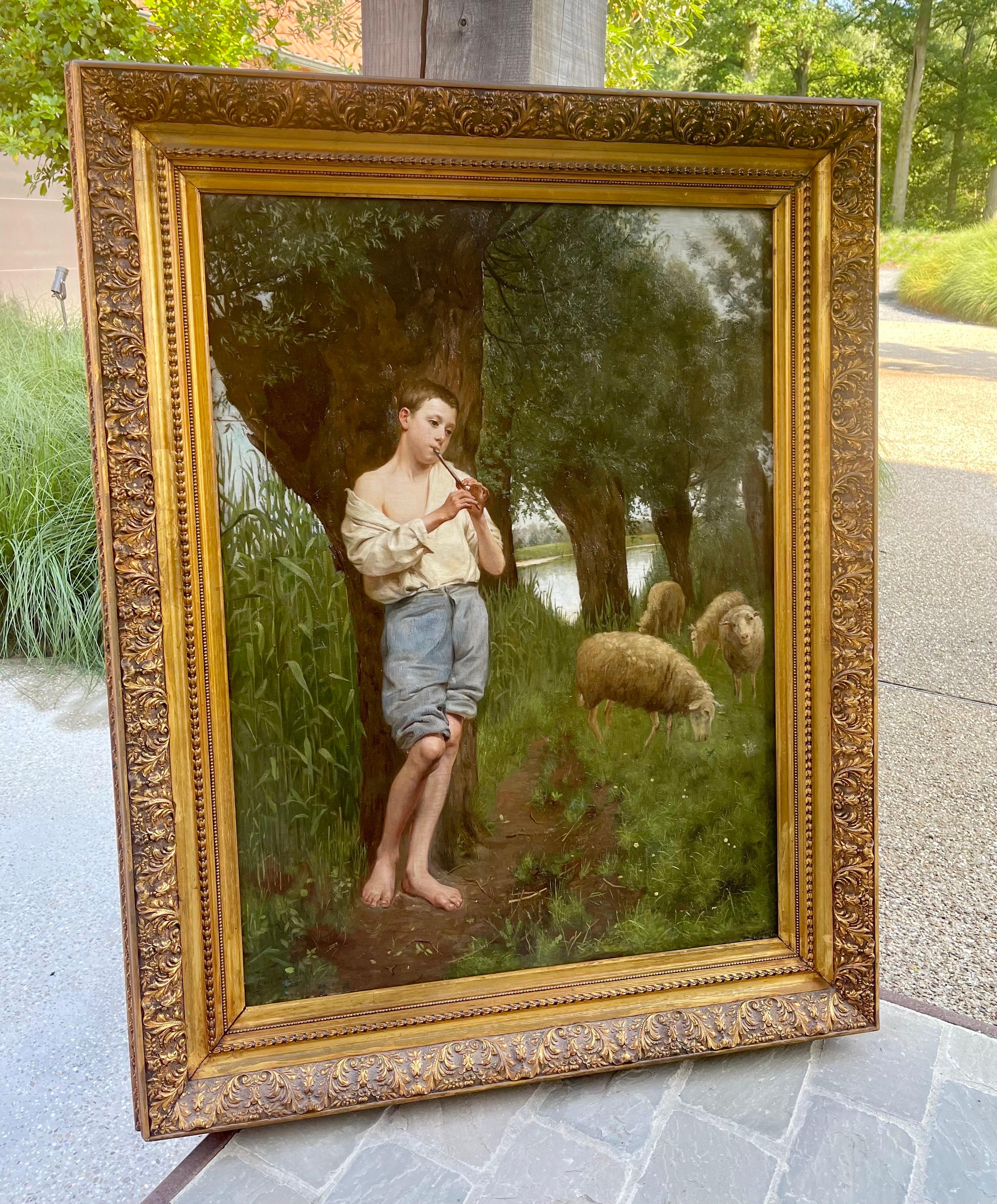Enorme cuadro romántico del siglo XIX - El joven pastor - William Bouguereau - Painting de Léon Corthals