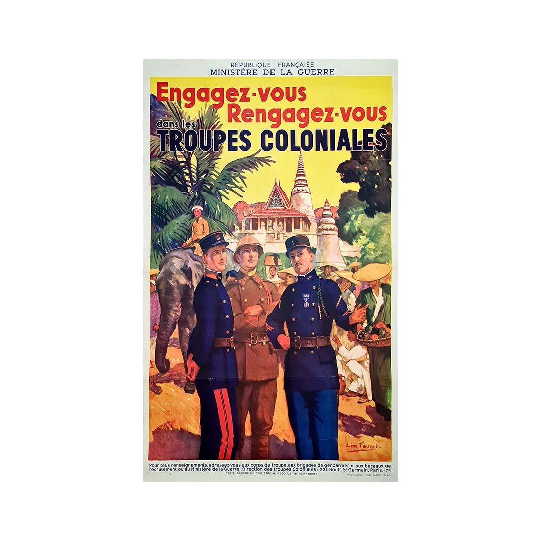 Sehr schönes Plakat von Léon Fauret ( 1863 - 1955 ) über das freiwillige Engagement in den Kolonialtruppen.

Die Propagandaplakate sollen zur freiwilligen Einberufung ermutigen und dazu die Institution Militär von ihrer besten Seite zeigen.
Das