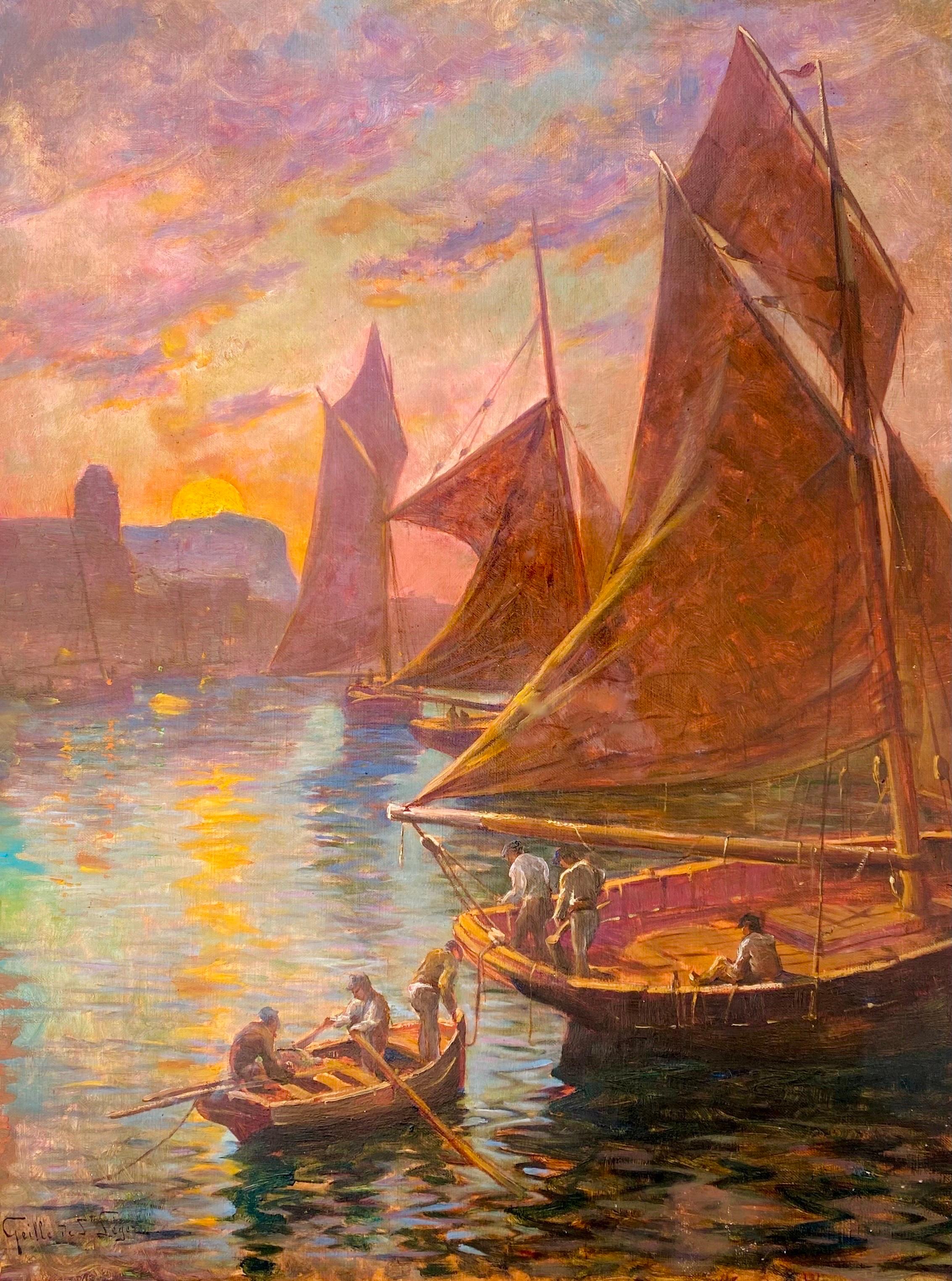 French 19th century impressionist painting Mediterranean - Sailing Boats Harbour - Painting by Léon Geille de Saint-Léger