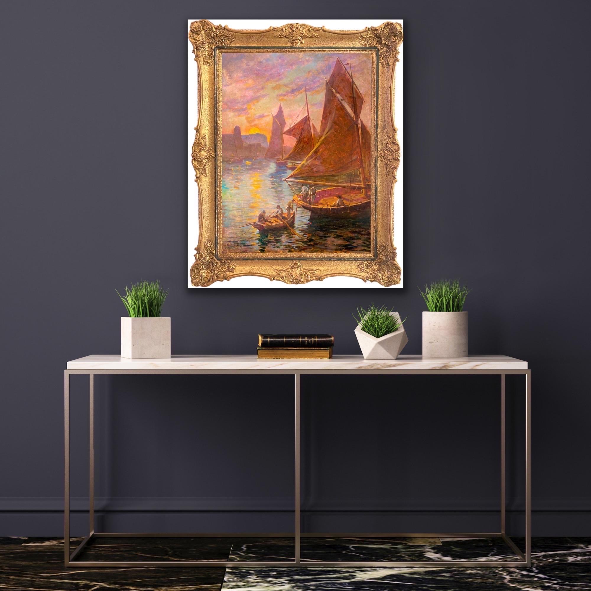 Peinture impressionniste française du XIXe siècle représentant la Méditerranée - Voiliers - Port de voile - Marron Landscape Painting par Léon Geille de Saint-Léger