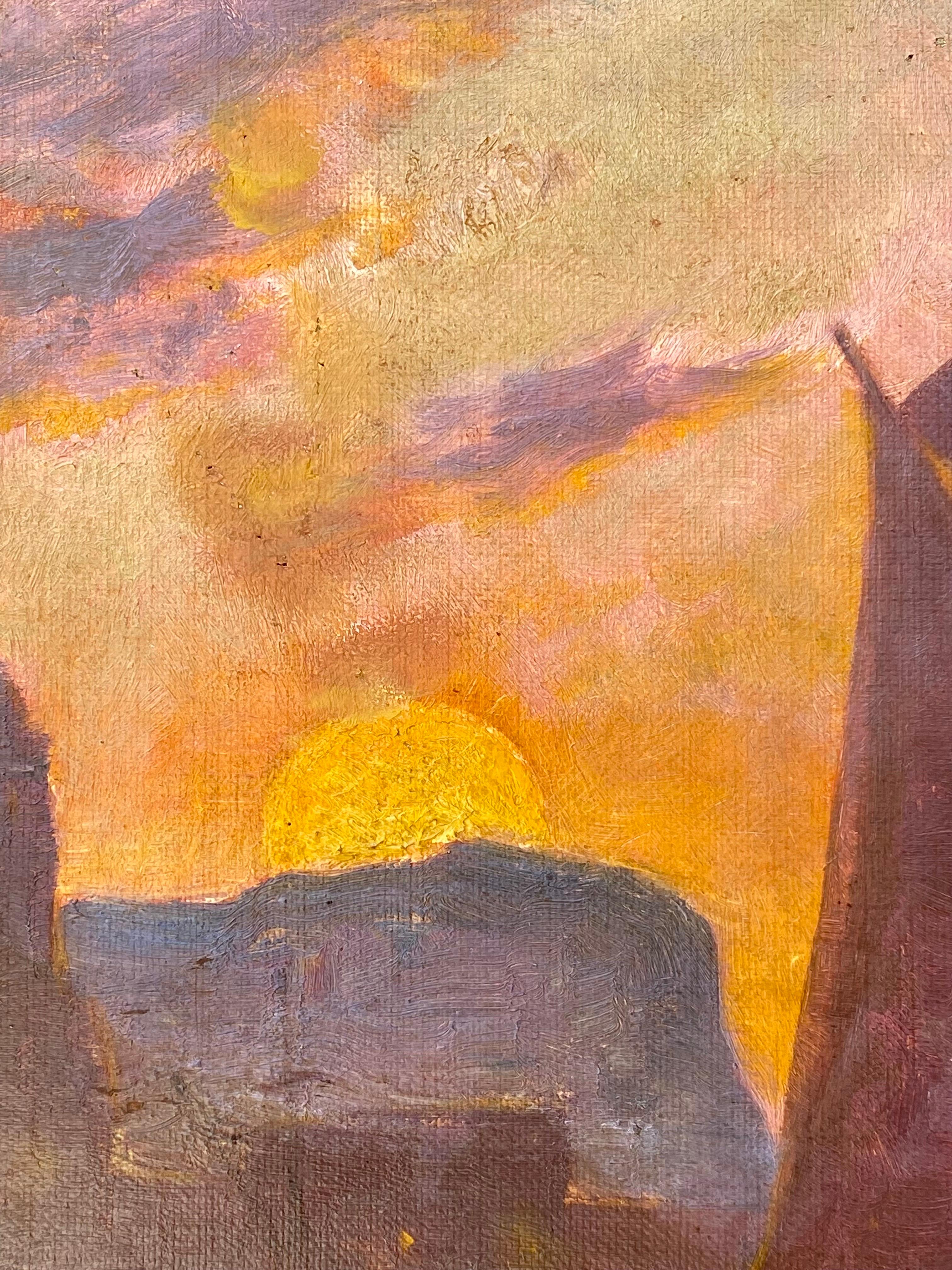 Grande peinture impressionniste française vibrante représentant des voiliers arrivant dans un petit port de la Méditerranée alors que le soleil se couche

Le coucher de soleil colore le magnifique ciel bleu de teintes vibrantes et chaudes de rose et