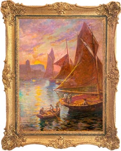 Peinture impressionniste française du XIXe siècle représentant la Méditerranée - Voiliers - Port de voile