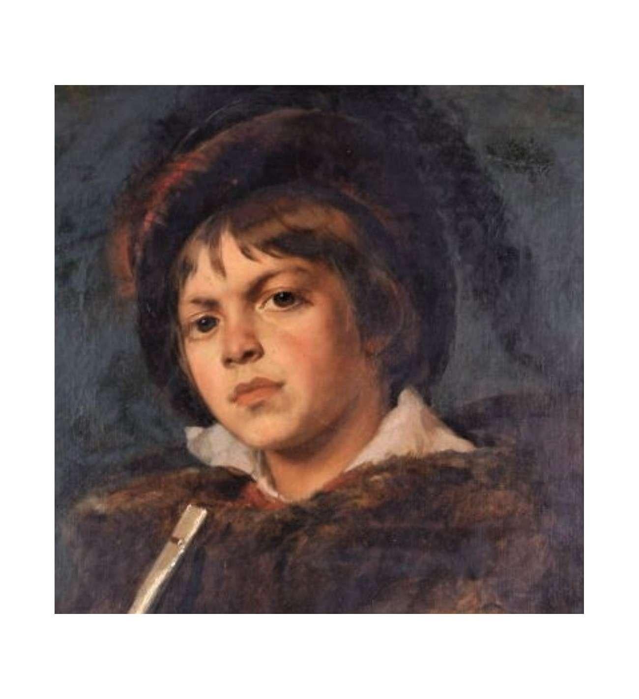 "Portrait Of A Boy With A Flute - Léon Herbo"

Léon Herbo was born in Belgium and his enigmatic oeuvre would come to comprise portraits, history paintings, genre scenes, and Orientalist themes over the course of his career. Herbo was perhaps most