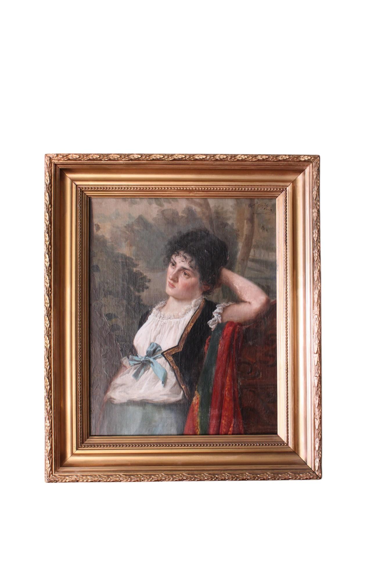 Antique portrait painting of 'Mima' by French artist Léon Jean Pétua (1846-1921) This wonderful old portrait with deep rich hues and stunning details is from a renown and well respected artist.  Mima leans with her head resting on her arm.  She