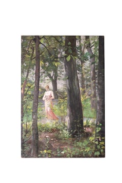Large figurative oil painting romantic French portrait of a woman in a forest