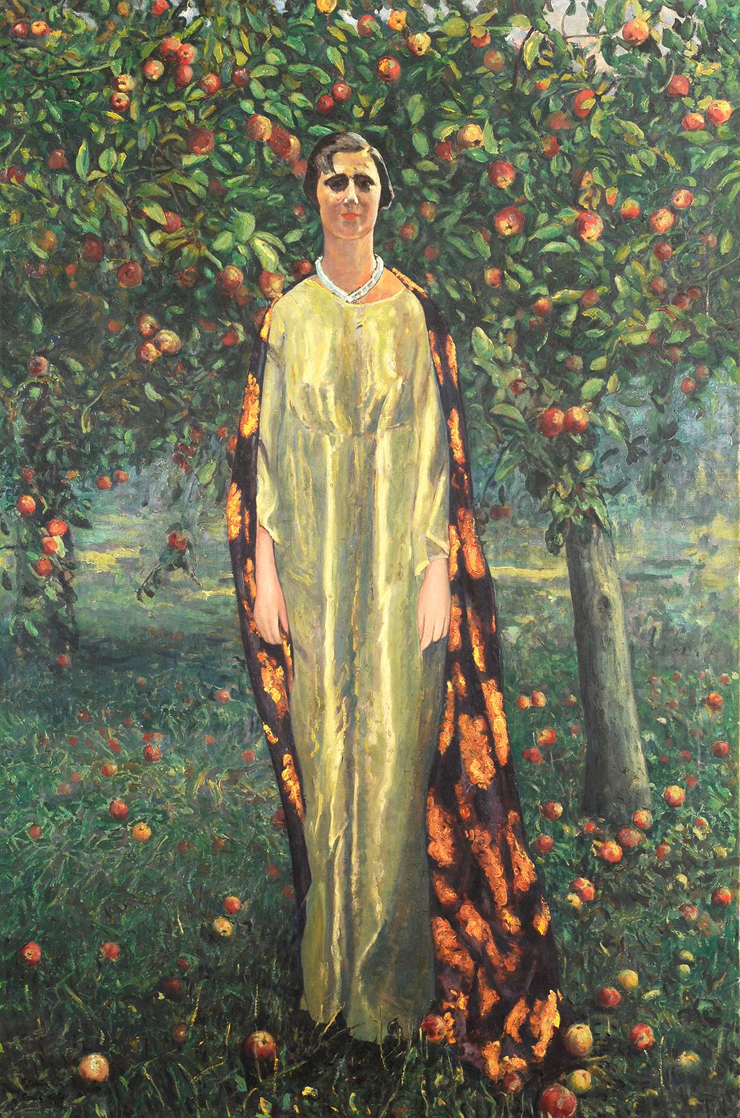 Frauenporträt unter Apfelbäumen – Painting von Léon Kamir Kauffmann