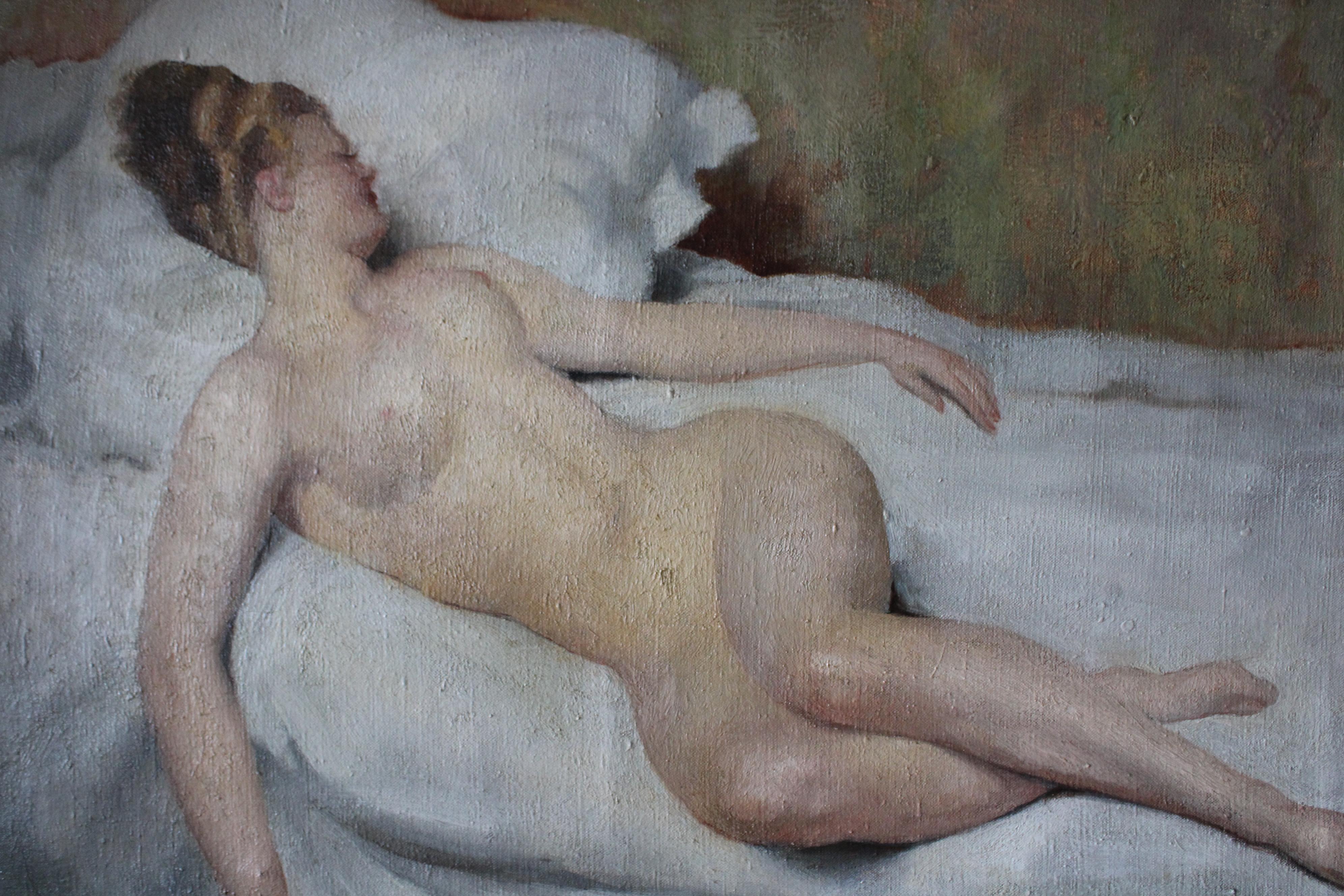 Antike Nackte Frau Ölgemälde, Nackte Frau, Liegende Frau Französische Nackte Frau – Painting von Léon Laurent Galand