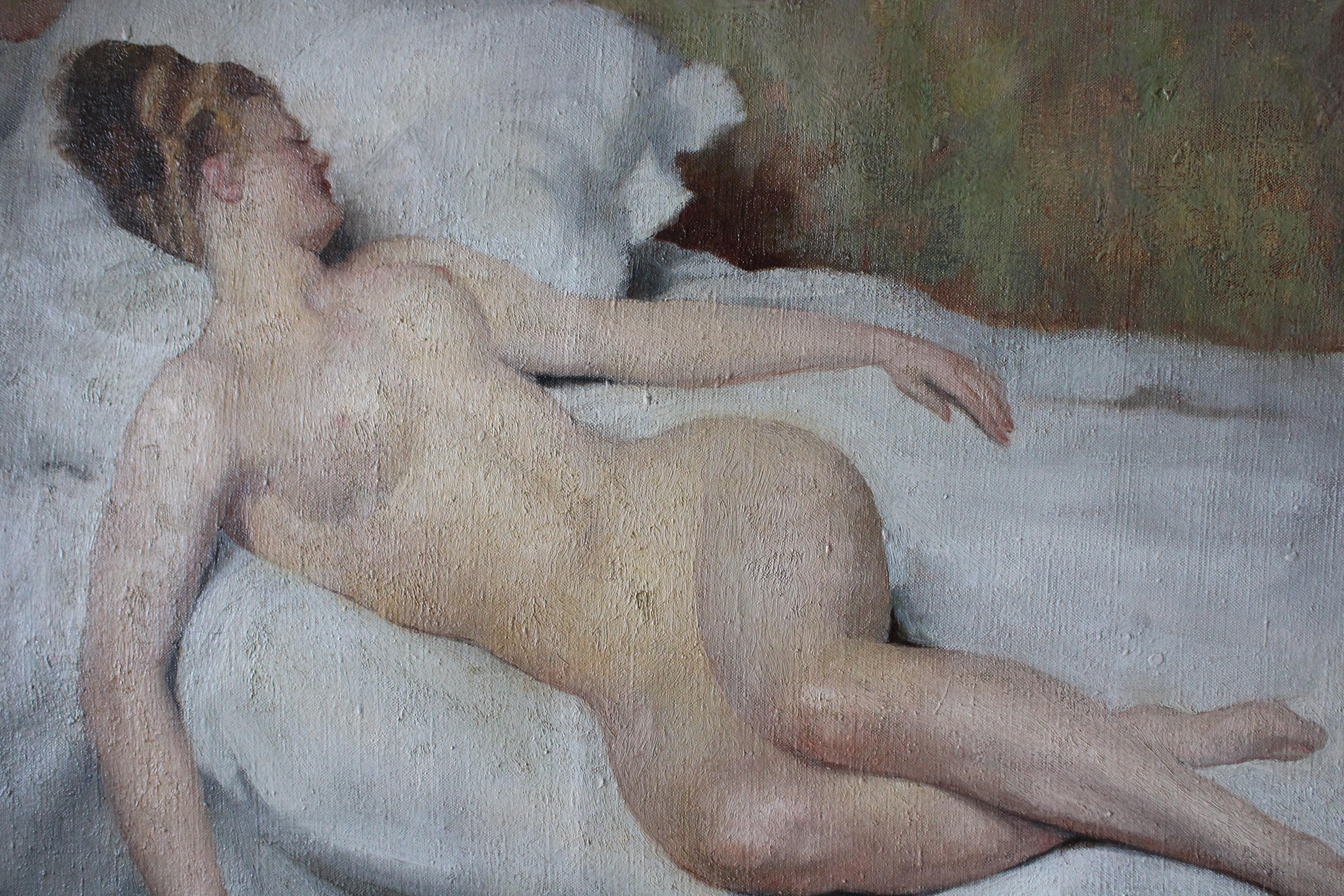 Antike Nackte Frau Ölgemälde, Nackte Frau, Liegende Frau Französische Nackte Frau (Braun), Nude Painting, von Léon Laurent Galand