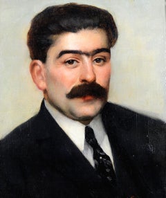Man with a Monobrow - 19th Century French Antique Oil Canvas Portrait Painting