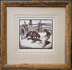 Bronc by Lon Megargee, Woodblock Print ca. 1920s with Handmade Saguaro Rib Frame