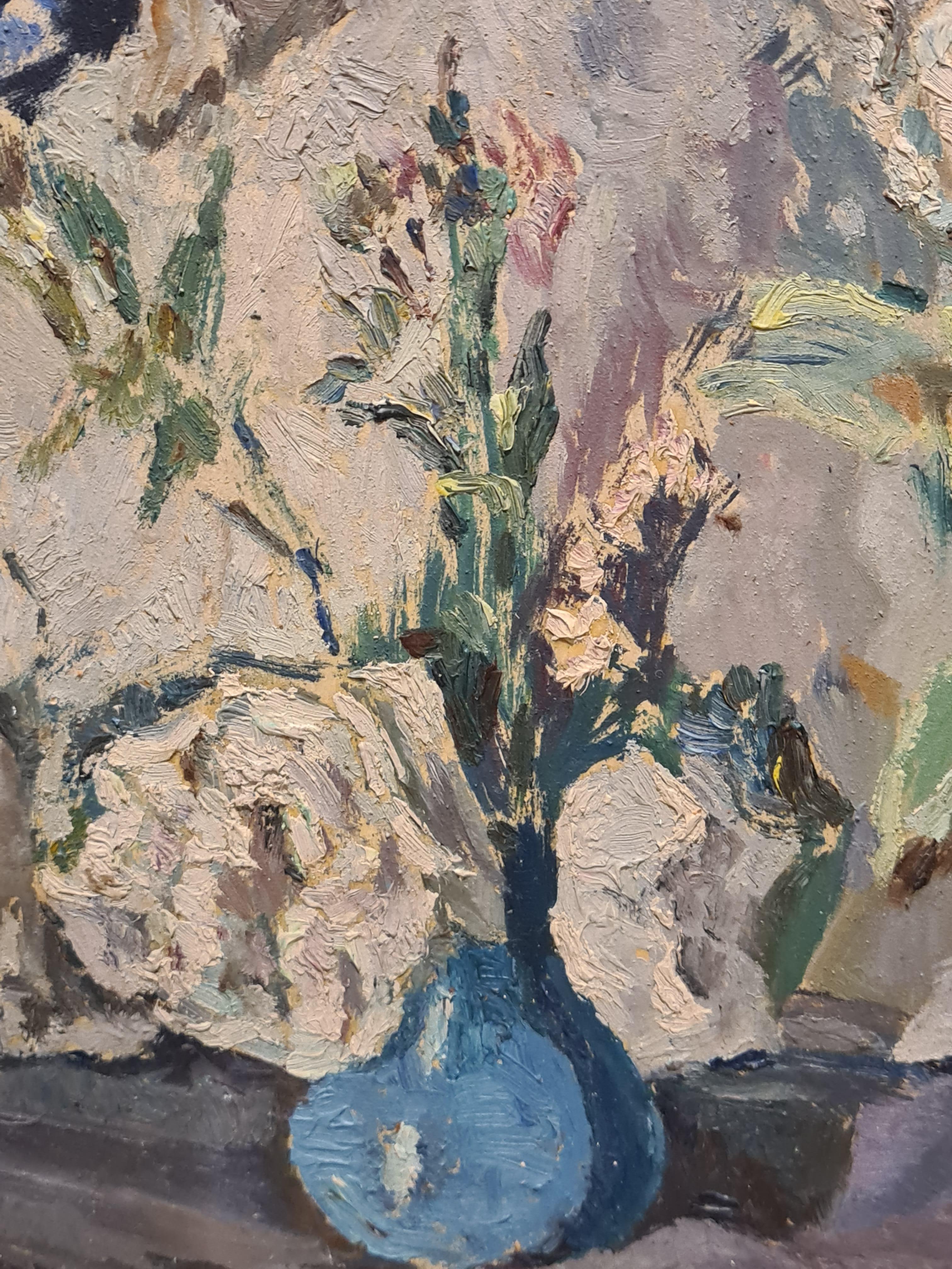 Óleo francés de mediados de siglo sobre tabla, El jarrón azul, Círculo de Henri Matisse - Painting de Léon Nancey