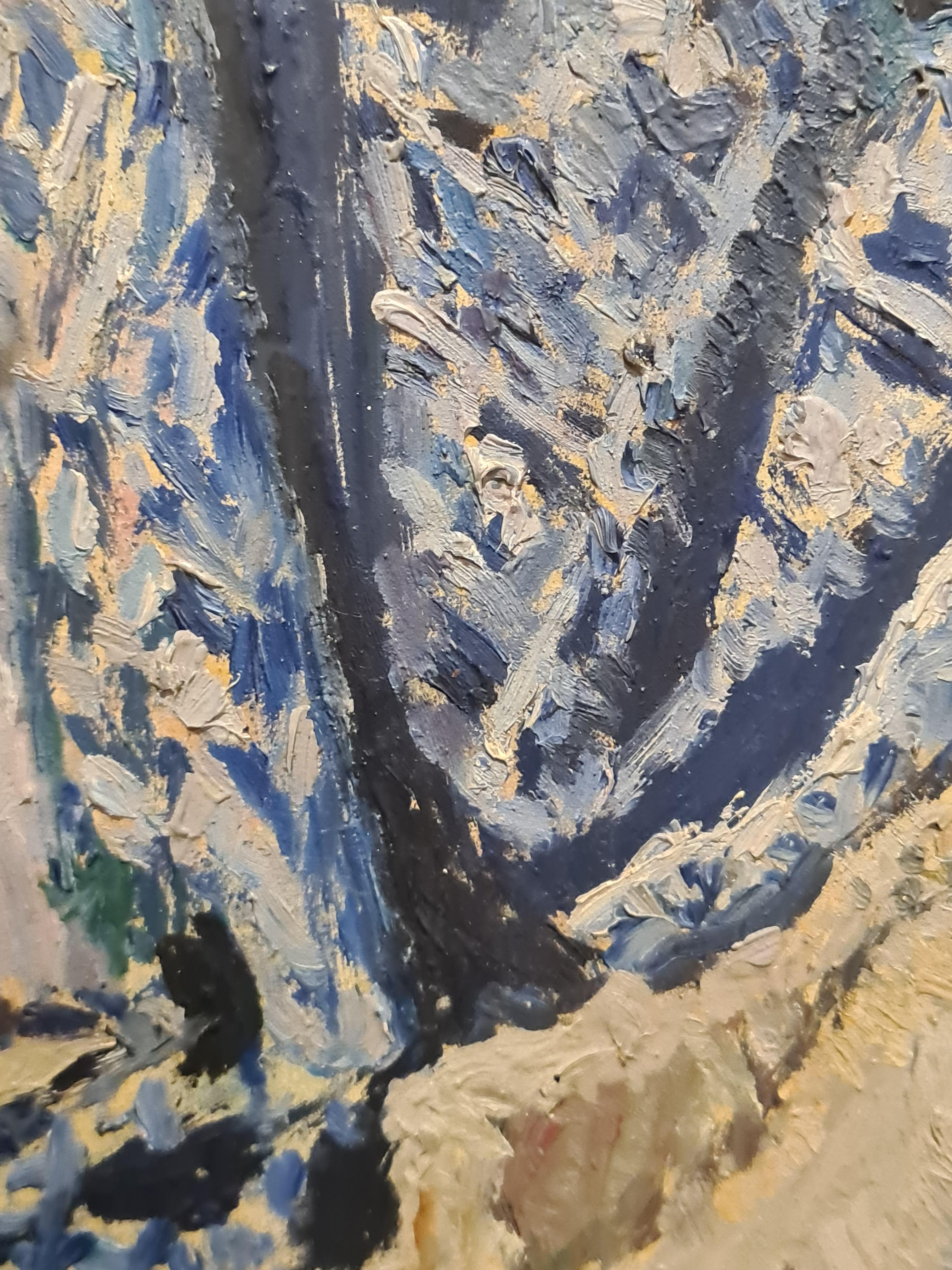 Óleo francés de mediados de siglo sobre tabla, El jarrón azul, Círculo de Henri Matisse - Still-Life Painting Negro de Léon Nancey