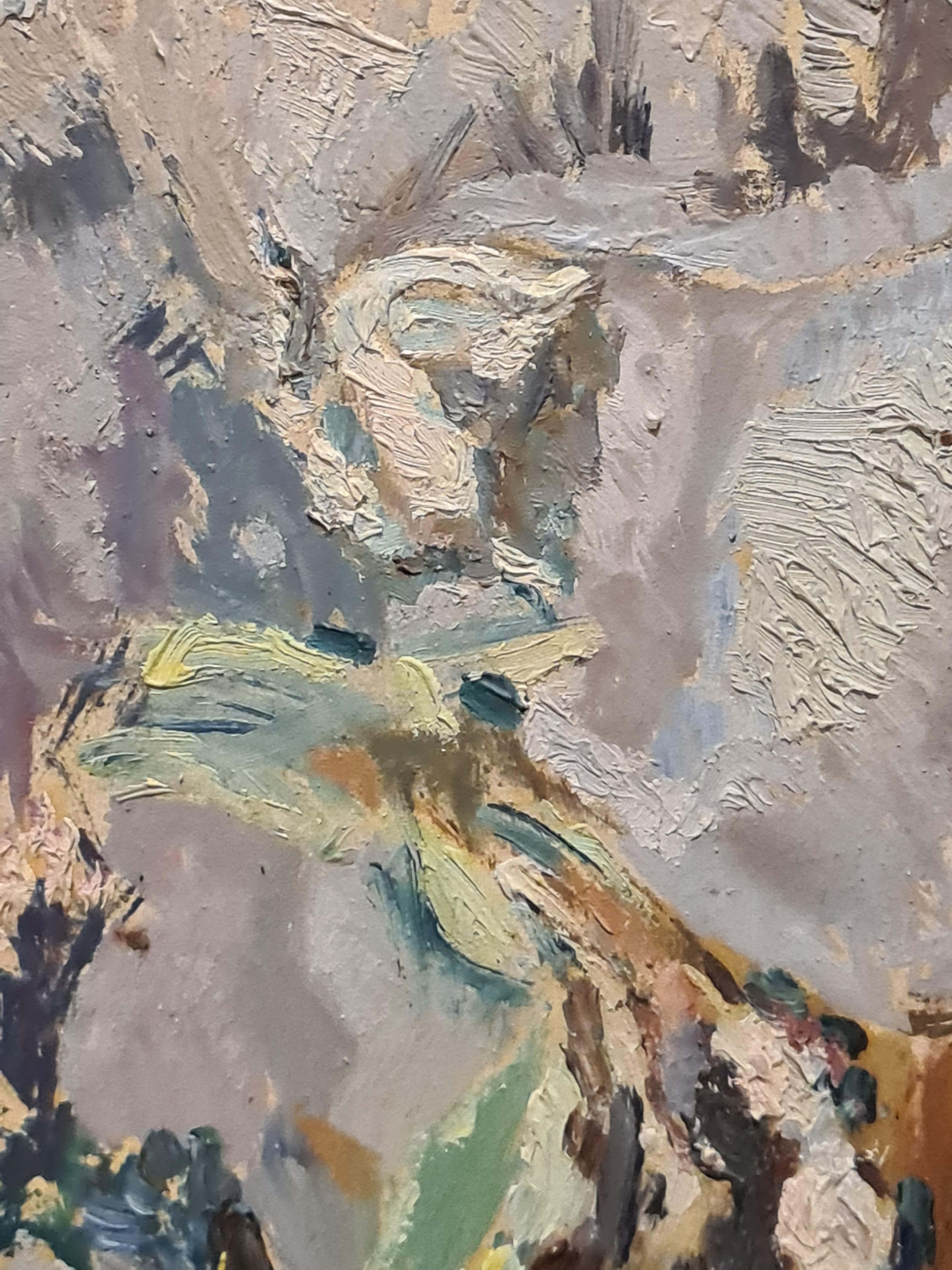 Óleo sobre tabla francés de mediados de siglo de un interior de Léon Nancey. Aunque no está firmado, el cuadro se adquirió directamente en el taller del artista. 

Este cautivador cuadro representa un jarrón de cerámica azul lleno de un ramo de