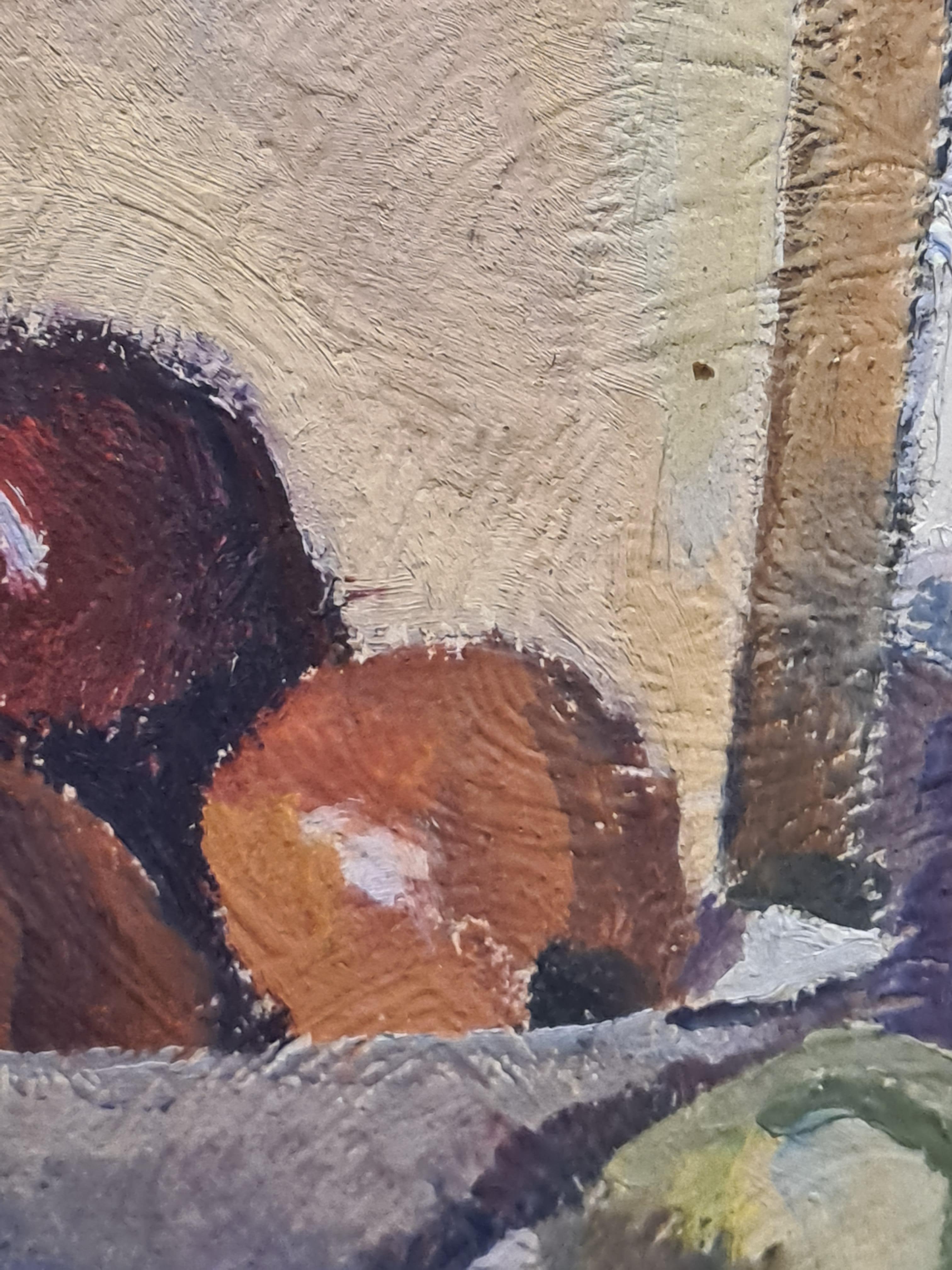 Olio su tavola di metà secolo di una natura morta in un interno di Léon Léon. Sebbene non sia firmato, il dipinto è stato acquistato direttamente dall'atelier dell'artista. 

Questo affascinante quadro raffigura un mazzo di vischio in un vaso di