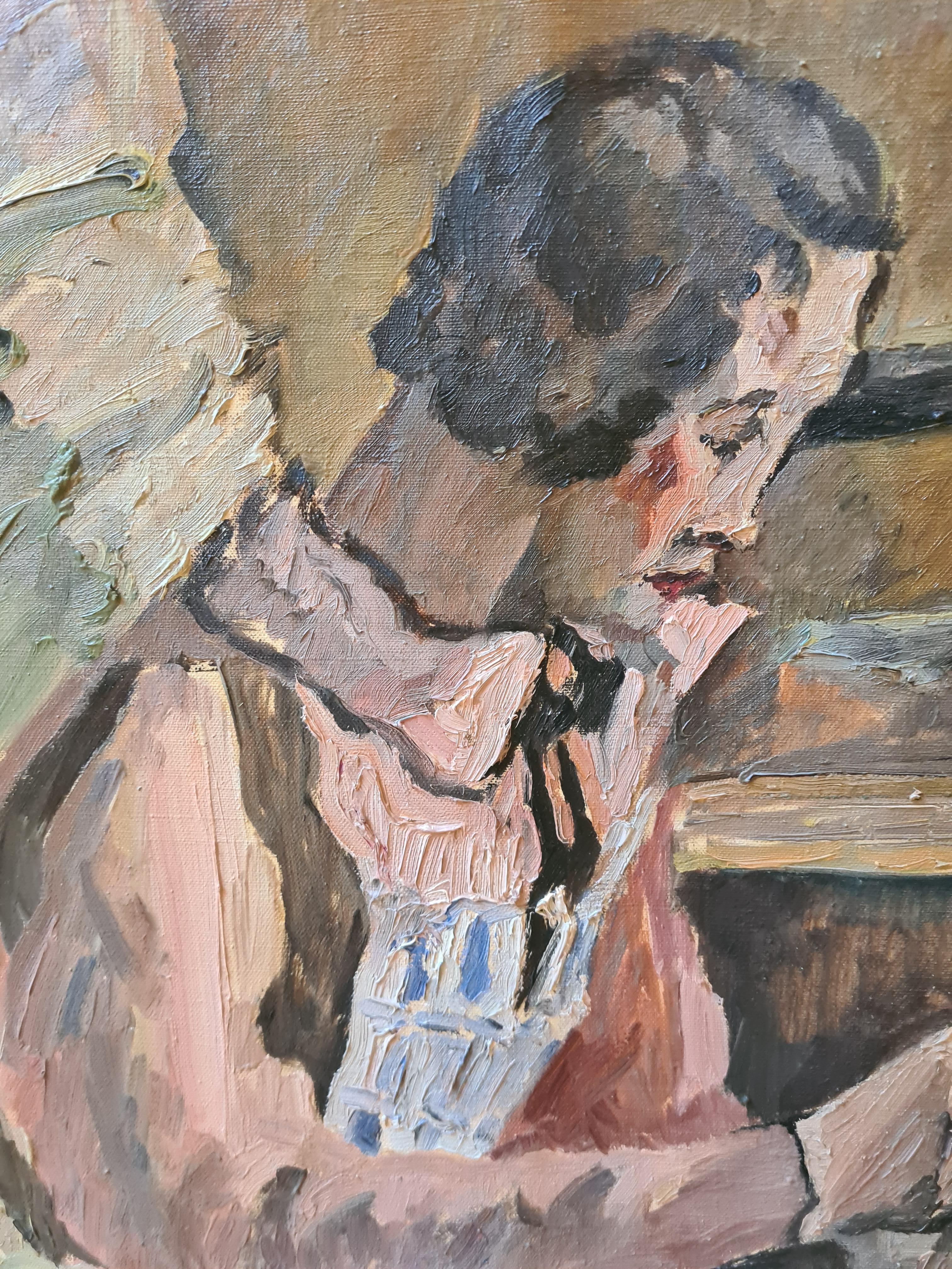 Französisch Mitte des Jahrhunderts Öl auf Leinwand, Interieur, La Famille, Kreis von Henri Matisse – Painting von Léon Nancey