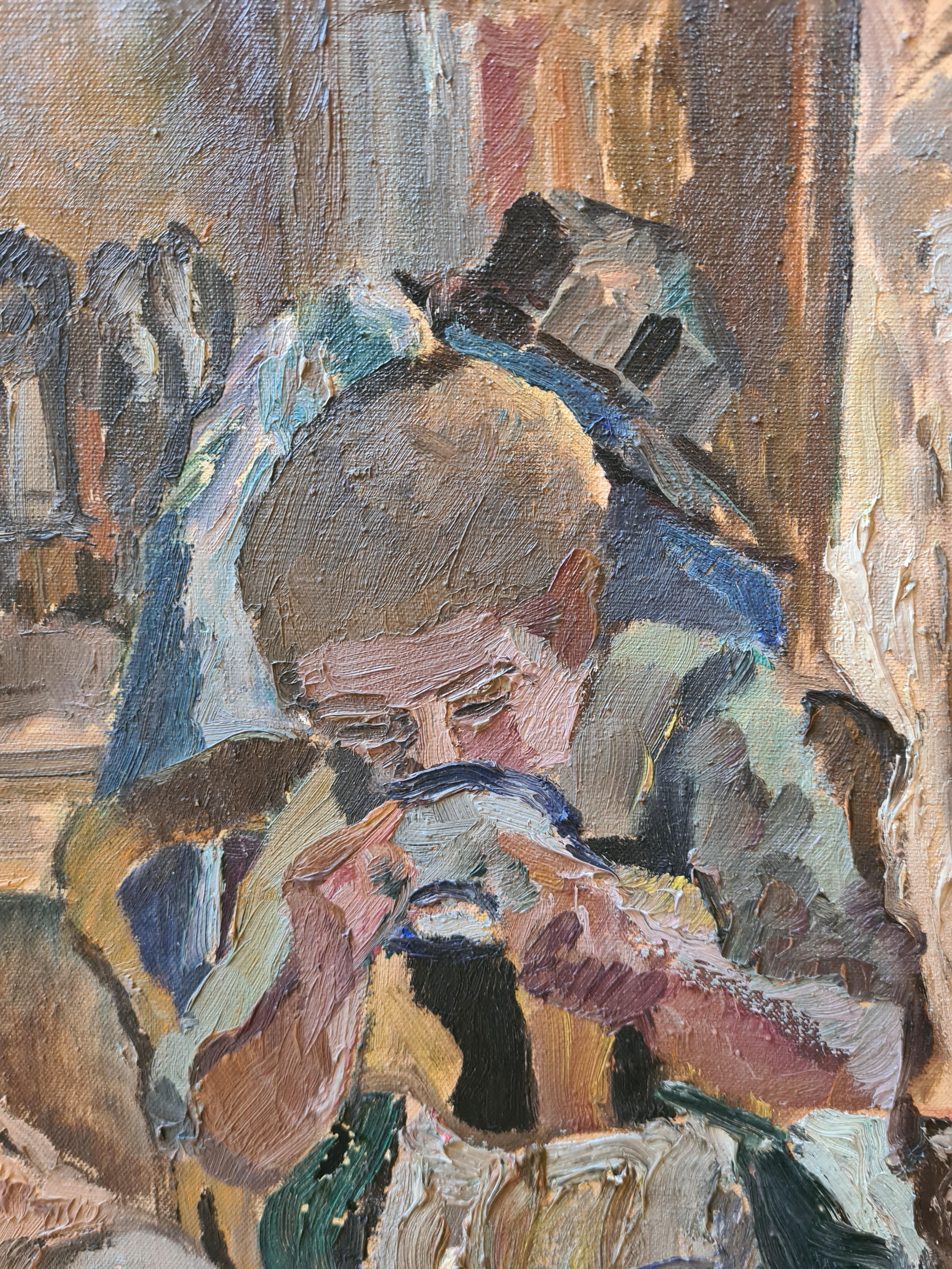Französisch Mitte des Jahrhunderts Öl auf Leinwand, Interieur, La Famille, Kreis von Henri Matisse (Braun), Interior Painting, von Léon Nancey