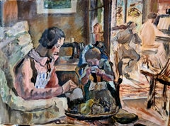 Óleo francés de mediados de siglo sobre lienzo, Interior, La Famille, Círculo de Henri Matisse