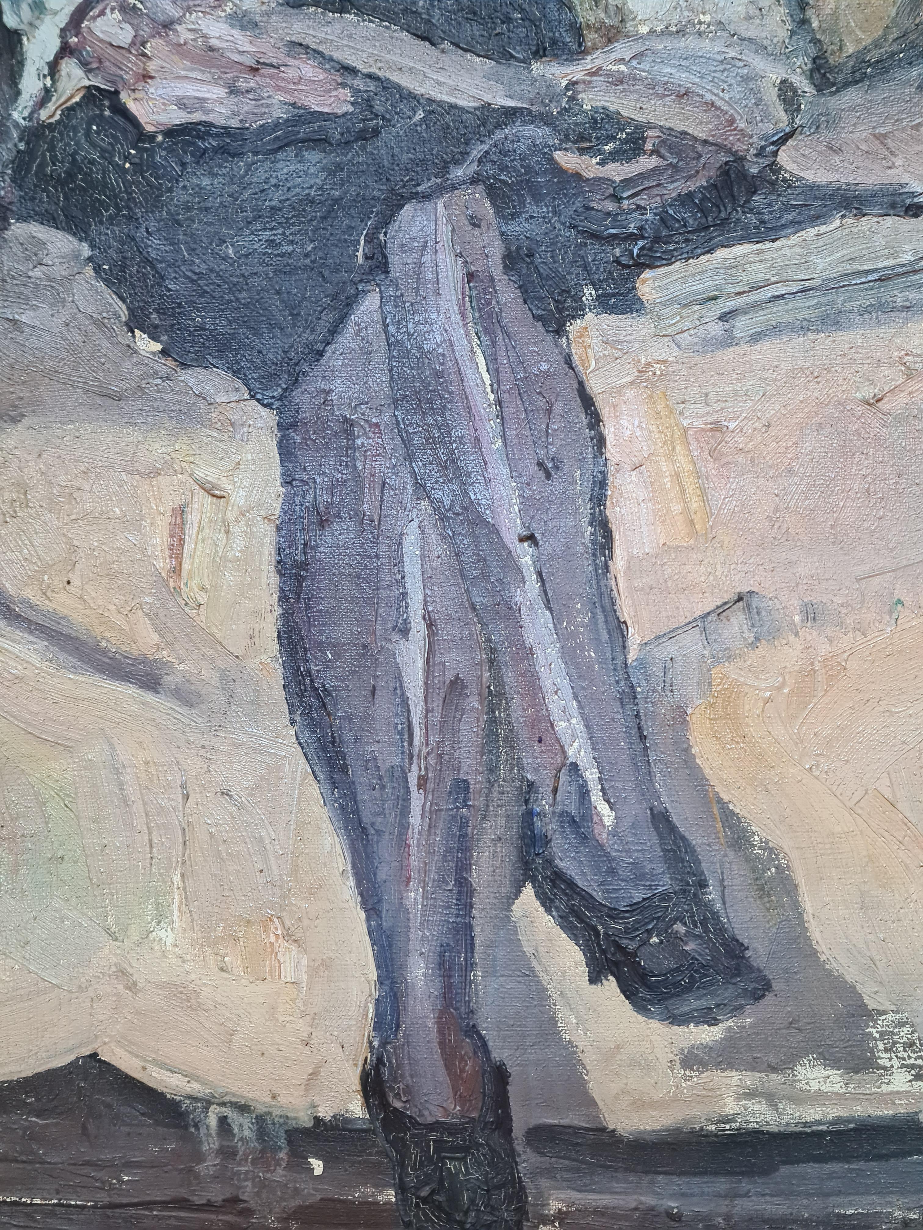 French mid century oil on canvas of a lady reading a book in an interior by Léon Nancey. Though not signed the painting was acquired directly from the artist's atelier. To the back of the canvas is another 'part' painting.

This captivating artwork