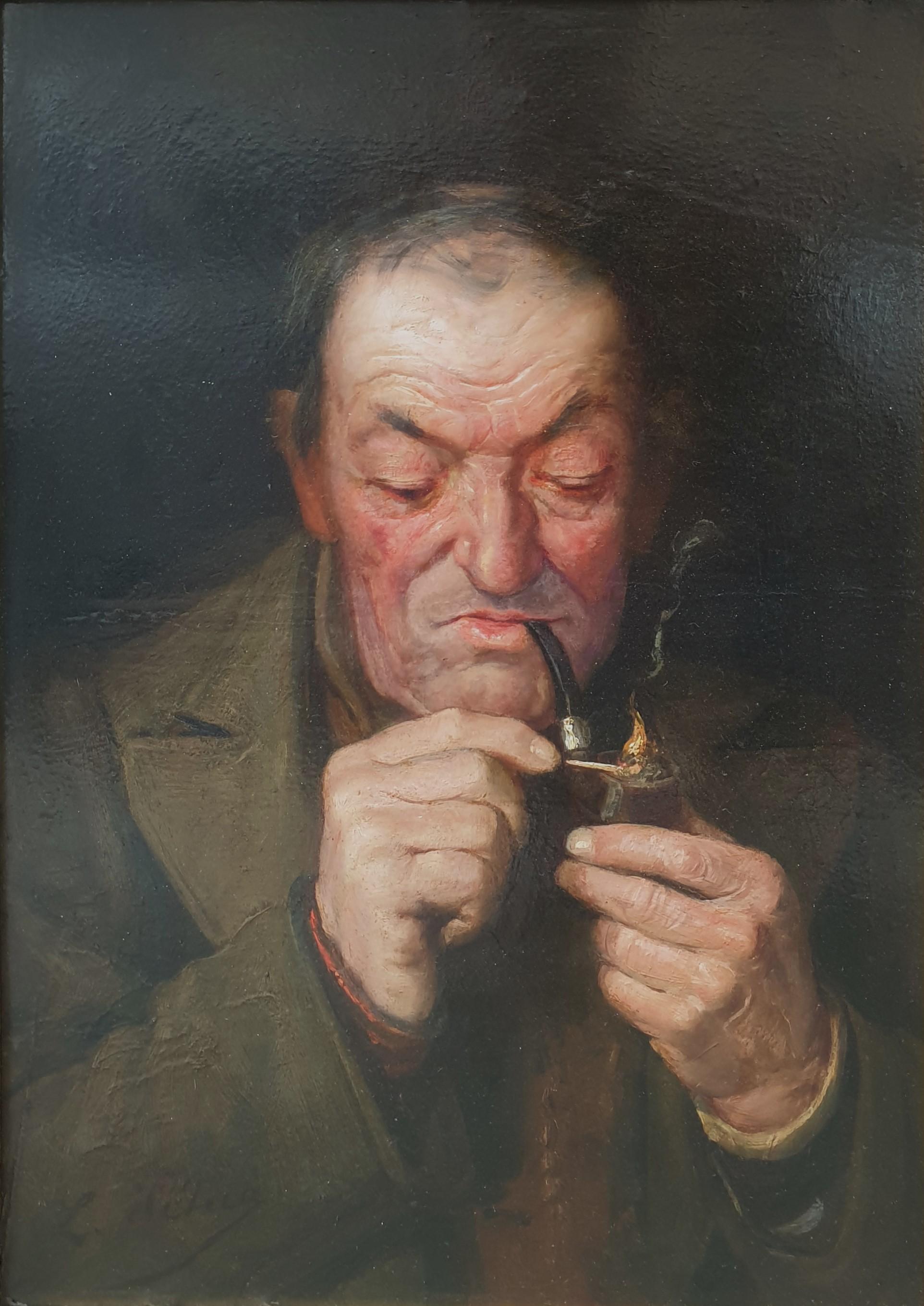 Französisches Malerei Realistisches Porträt PETUA Alter Mann Pfeifen Schweizer 19. Jahrhundert Ölholz Tafel  – Painting von Léon PETUA
