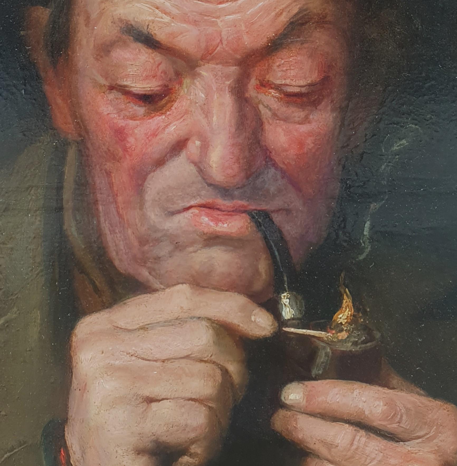 Französisches Malerei Realistisches Porträt PETUA Alter Mann Pfeifen Schweizer 19. Jahrhundert Ölholz Tafel  (Realismus), Painting, von Léon PETUA