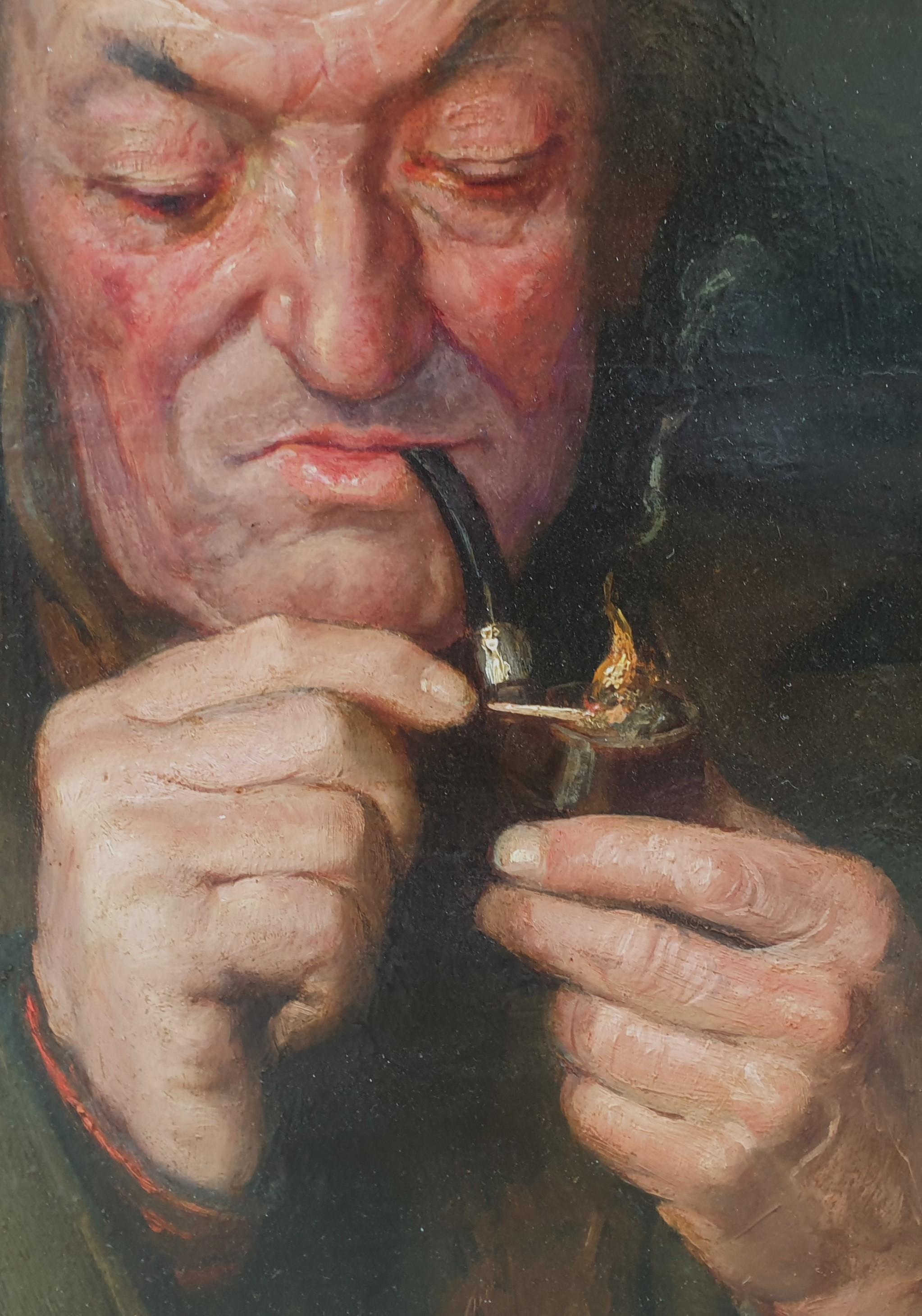 French Painting Realist Portrait PETUA Old man Pipe Swiss 19th Oil Wood panel  For Sale 2
