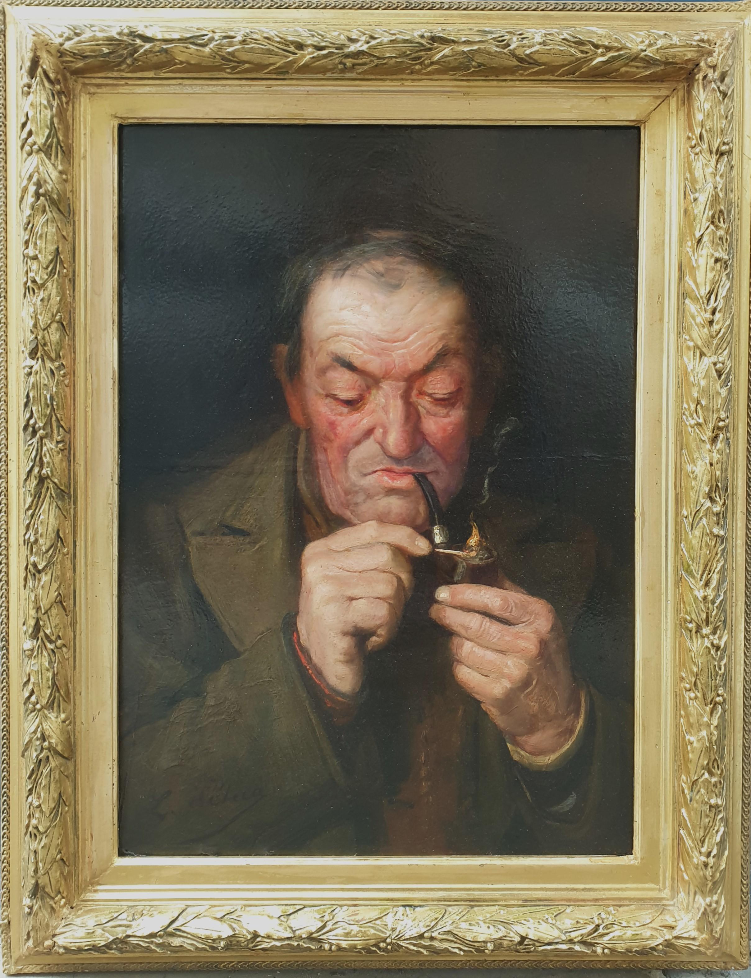 Léon PETUA Portrait Painting - French Painting Realist Portrait PETUA Old man Pipe Swiss 19th Oil Wood panel 
