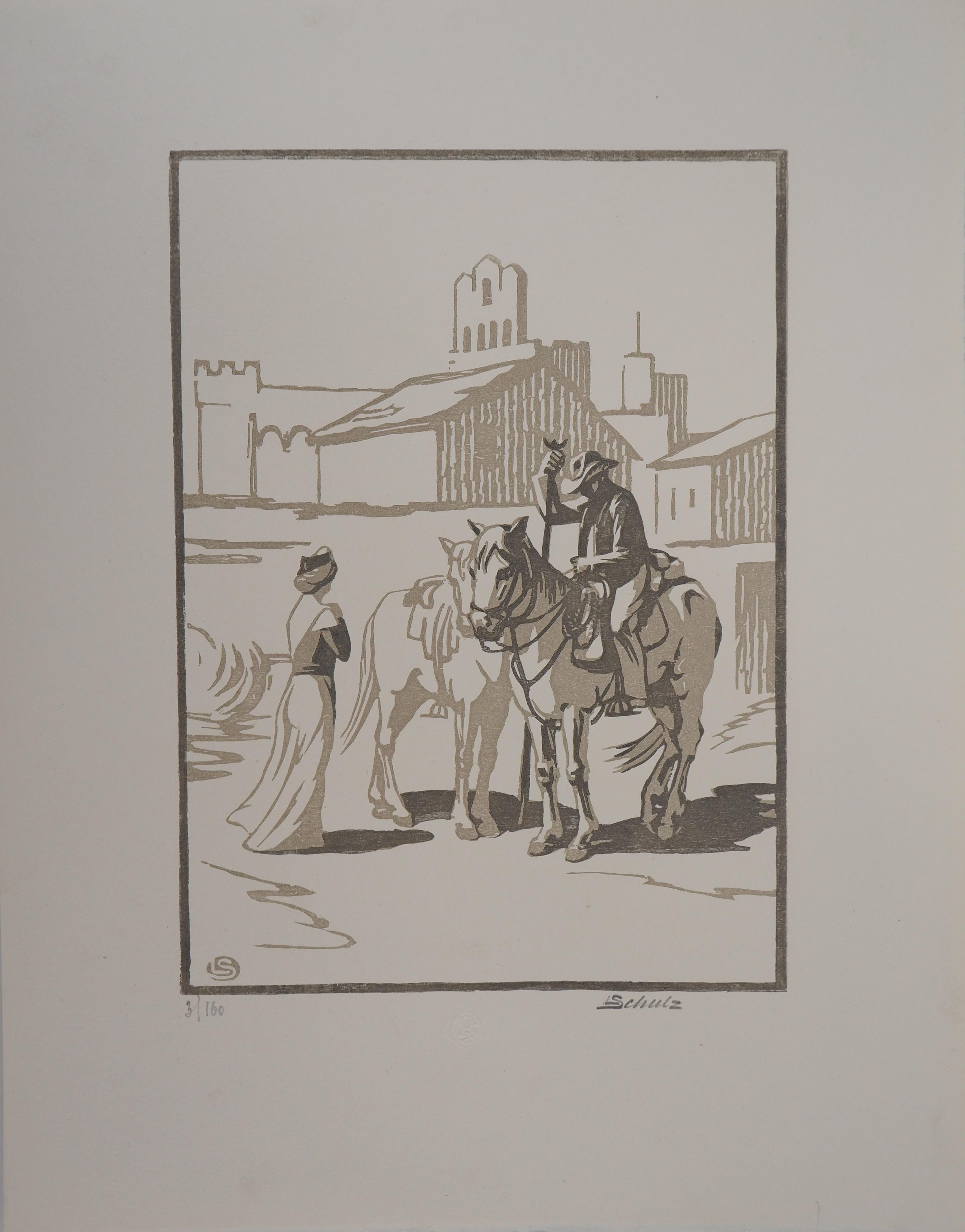 Horseman  ; the Cowboy - Original wooodcut, Handsigned and numbered / 160 - Print by Léon SCHULZ