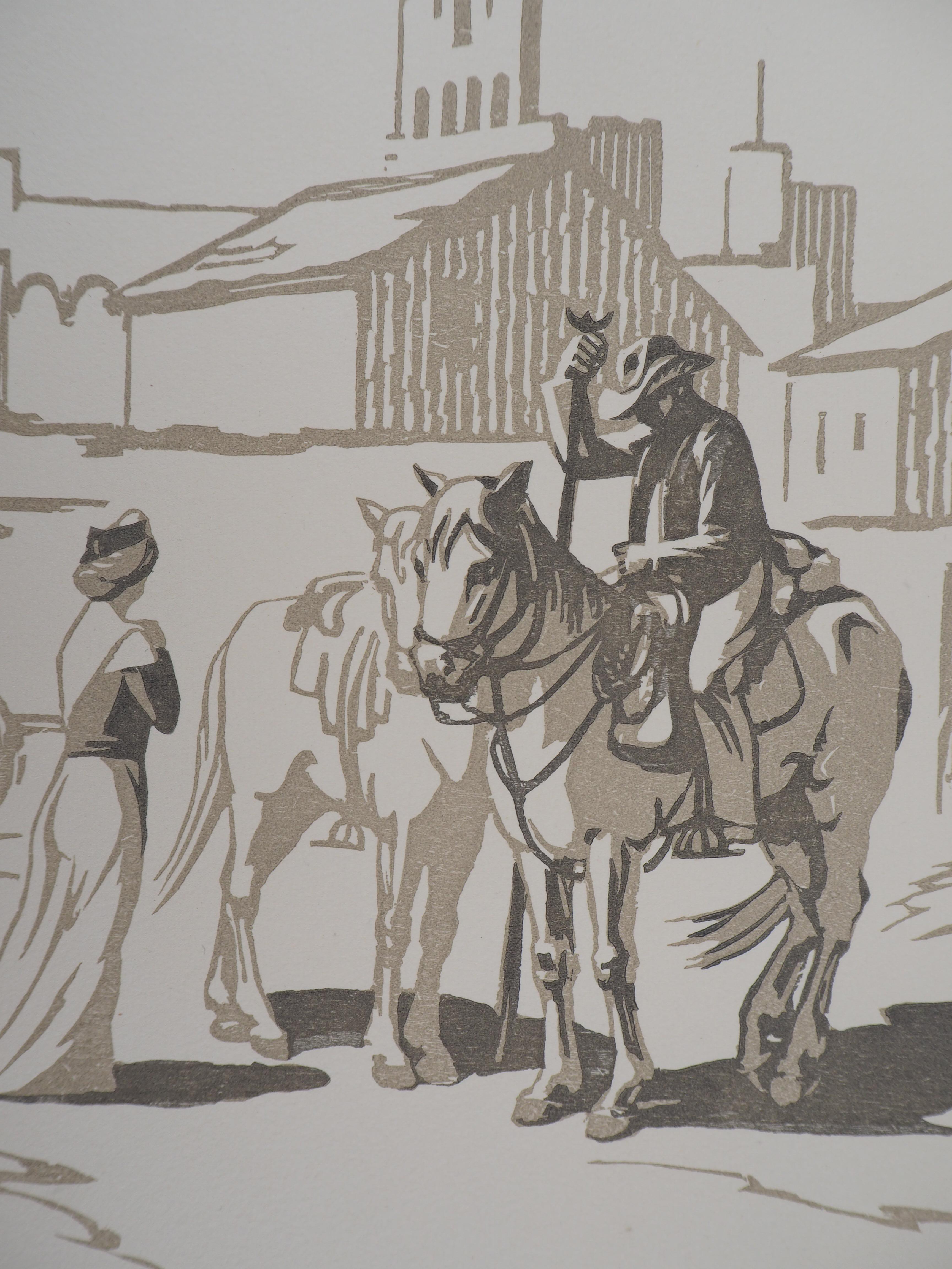 Horseman  ; the Cowboy - Original wooodcut, Handsigned and numbered / 160 - Gray Figurative Print by Léon SCHULZ