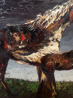 1970's French Expressionist Signed Oil Painting Horse & Foal in Landscape