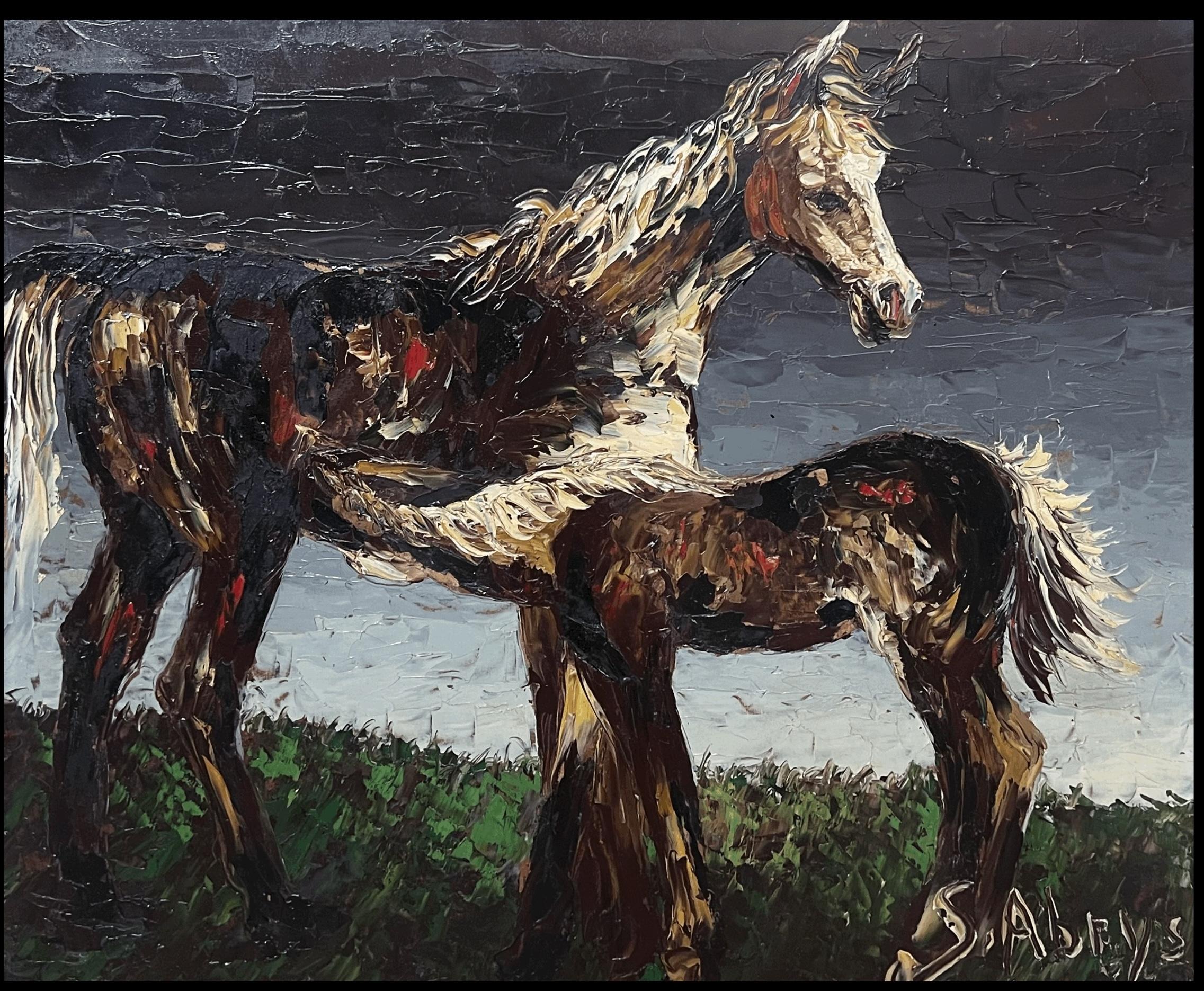 Französisch-expressionistisches signiertes Ölgemälde Pferd und Blatt in Landschaft, 1970er Jahre (Schwarz), Animal Painting, von Léon Schwartz - Abrys