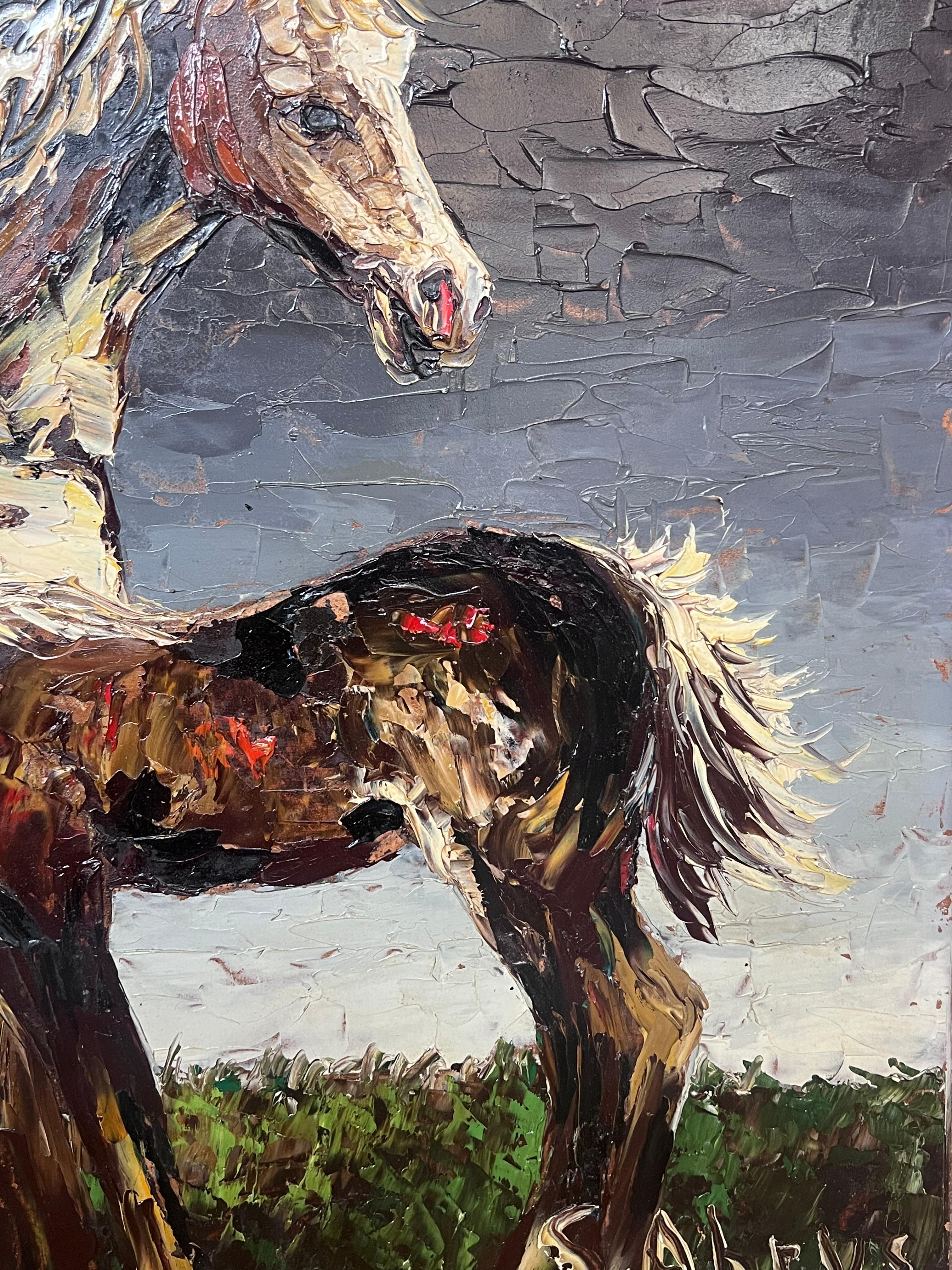 Französisch-expressionistisches signiertes Ölgemälde Pferd und Blatt in Landschaft, 1970er Jahre im Angebot 2