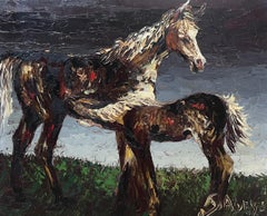 Peinture à l'huile signée de l'expressionniste français des années 1970 Cheval et poulain dans un paysage