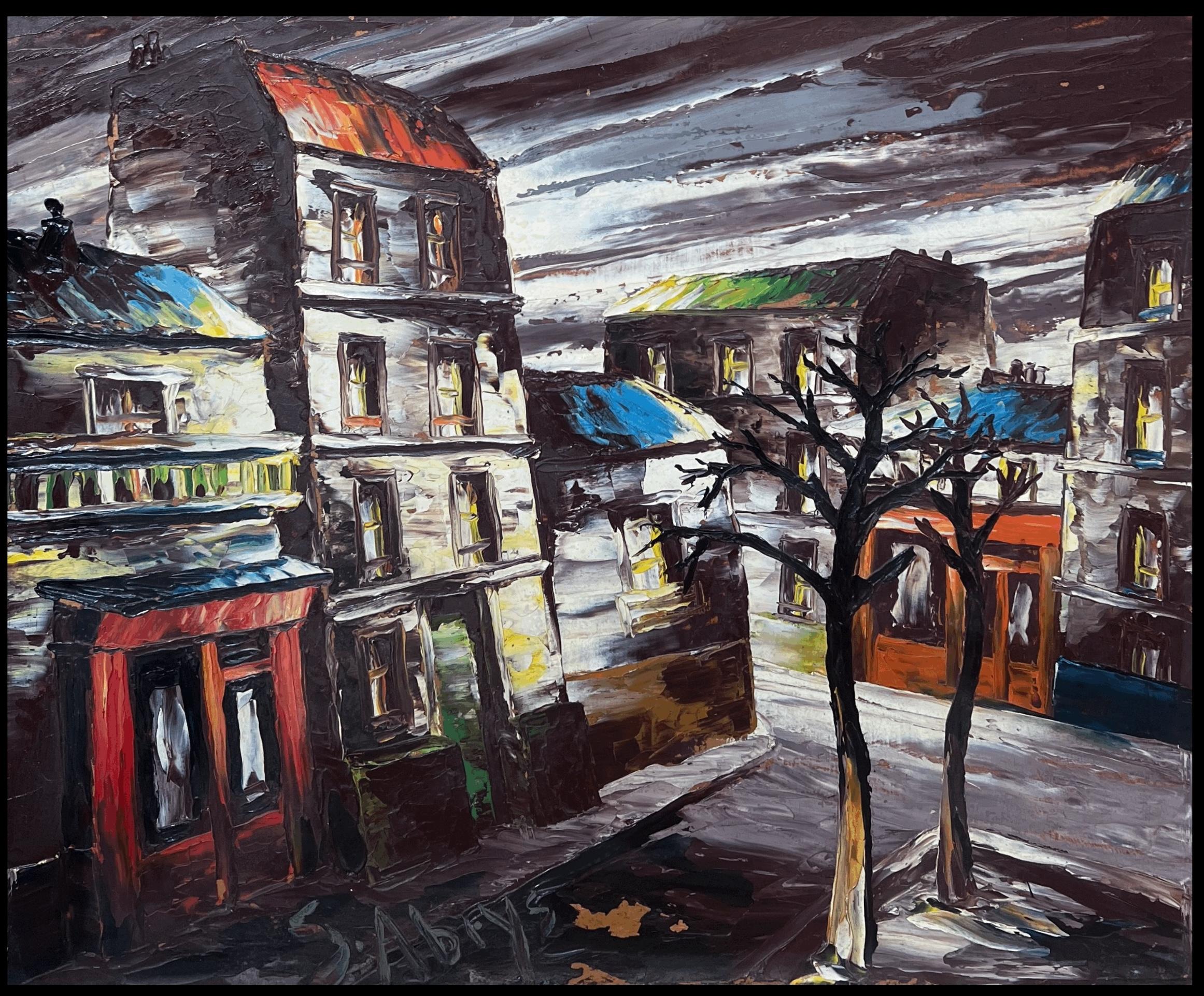 Peinture à l'huile expressionniste française du 20e siècle Rues de la ville la nuit - Painting de Léon Schwartz - Abrys