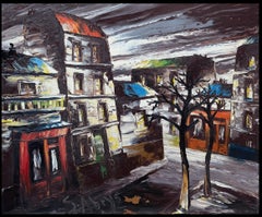 20th Century French Expressionist Oil Painting City Streets at Night