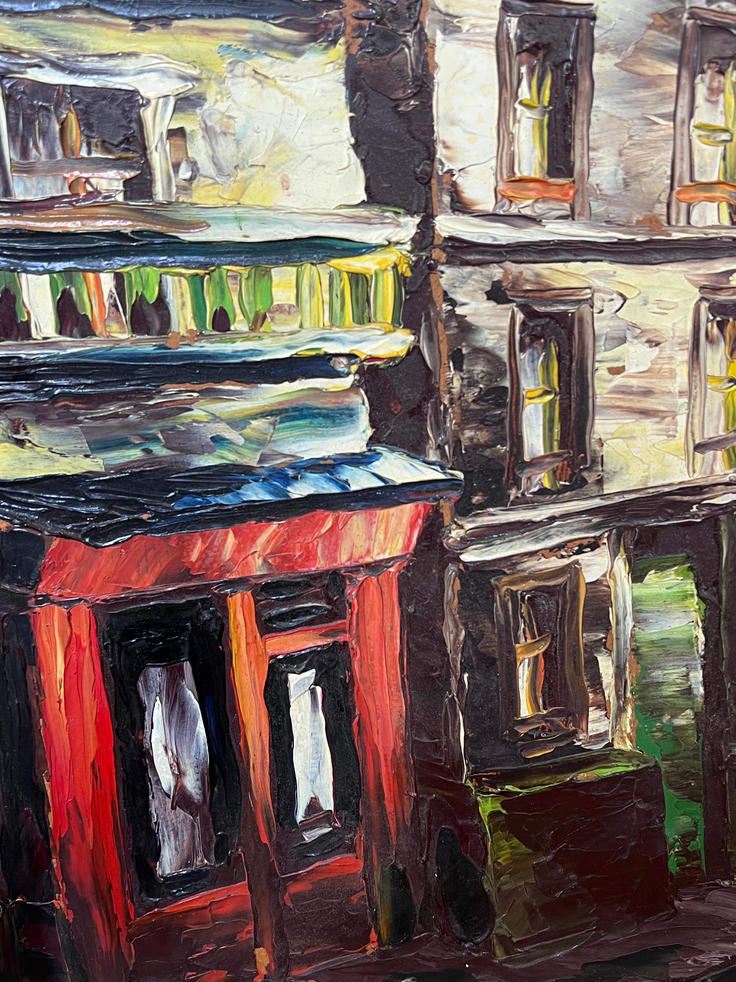 Peinture à l'huile expressionniste française du 20e siècle Rues de la ville la nuit - Post-impressionnisme Painting par Léon Schwartz - Abrys