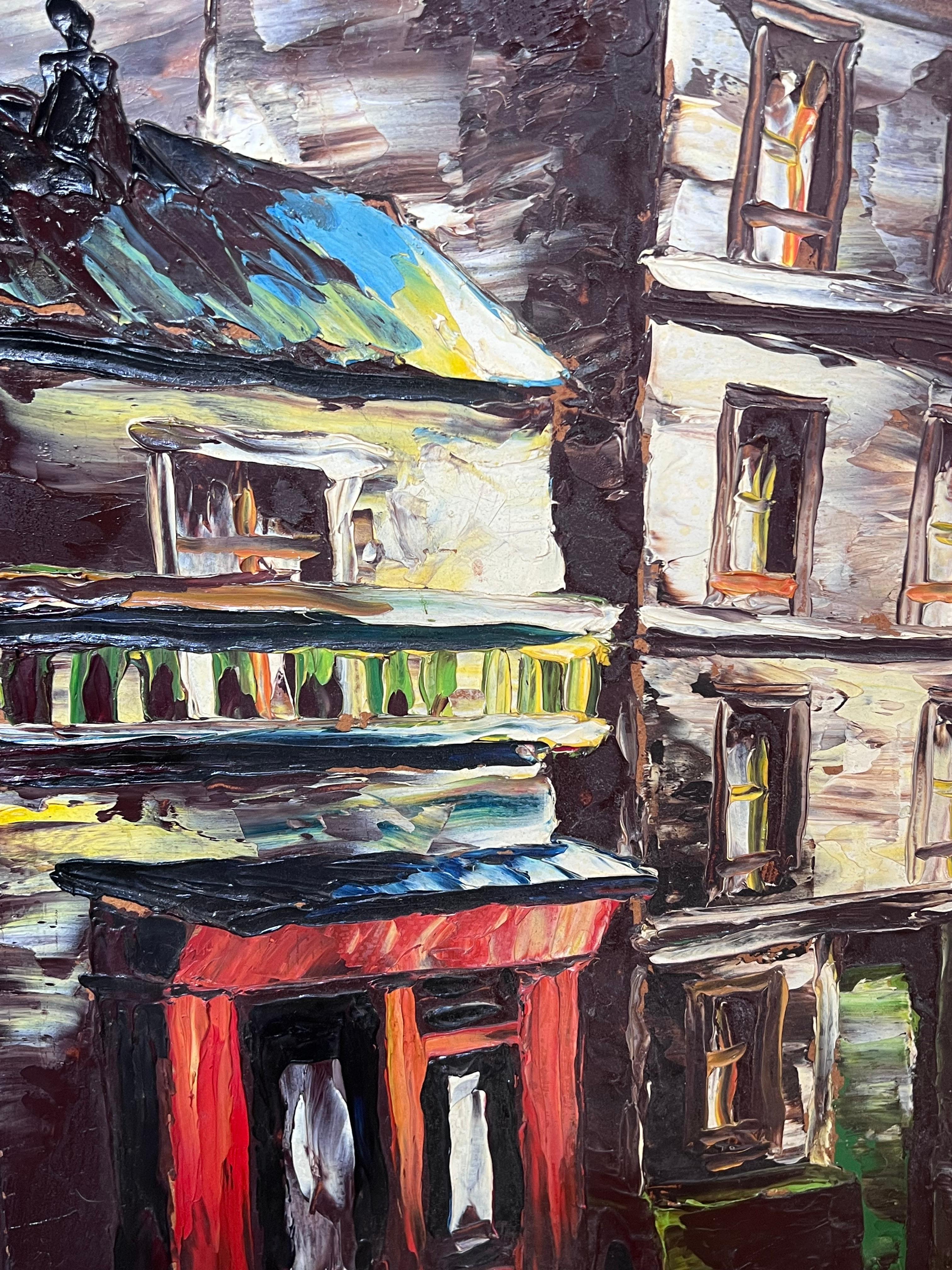Peinture à l'huile expressionniste française du 20e siècle Rues de la ville la nuit - Noir Landscape Painting par Léon Schwartz - Abrys
