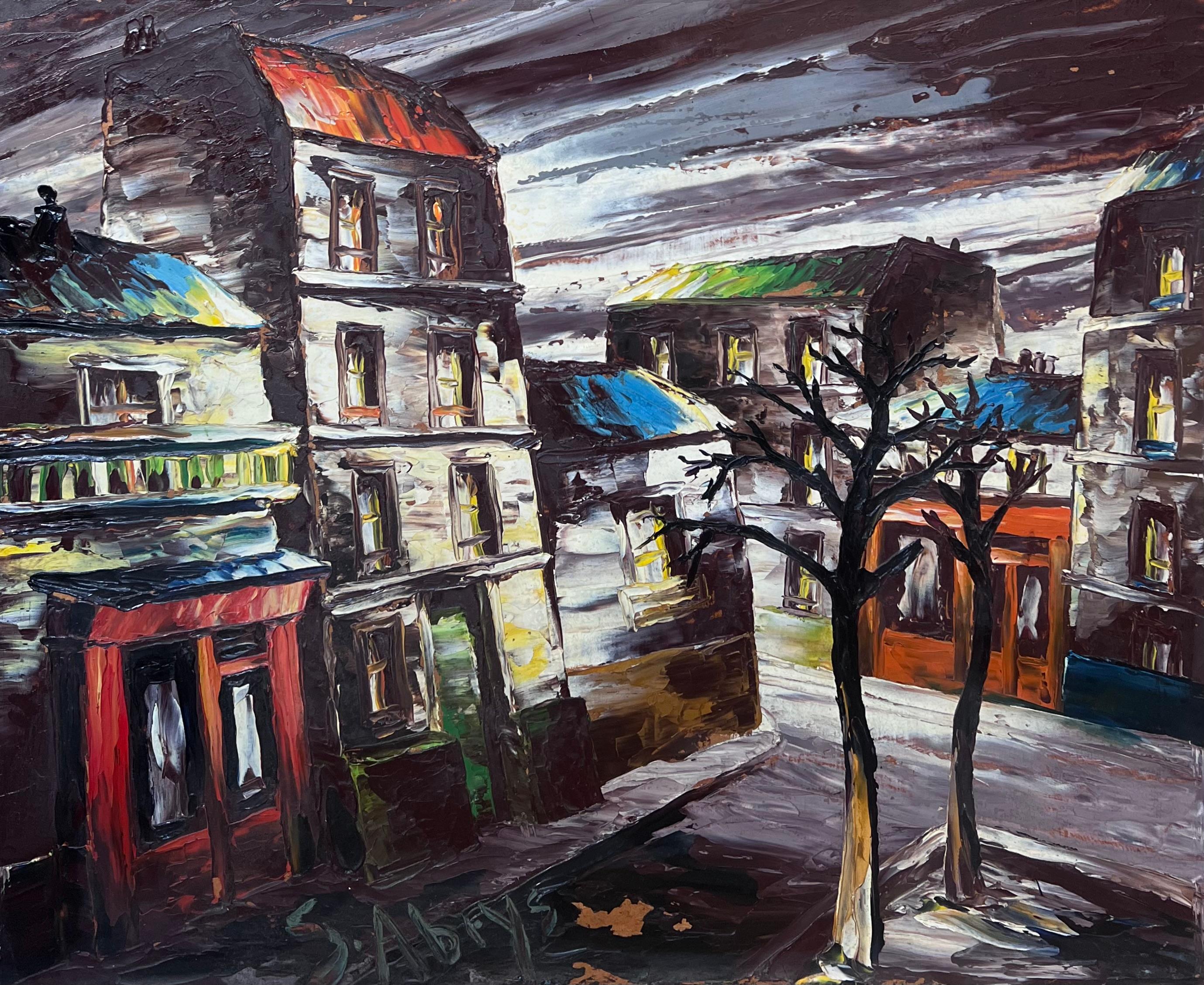 20. Jahrhundert Französisch Expressionist Ölgemälde Stadt Straßen bei Nacht