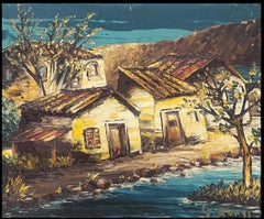 20th Century French Expressionist Signed Oil Old Houses by River