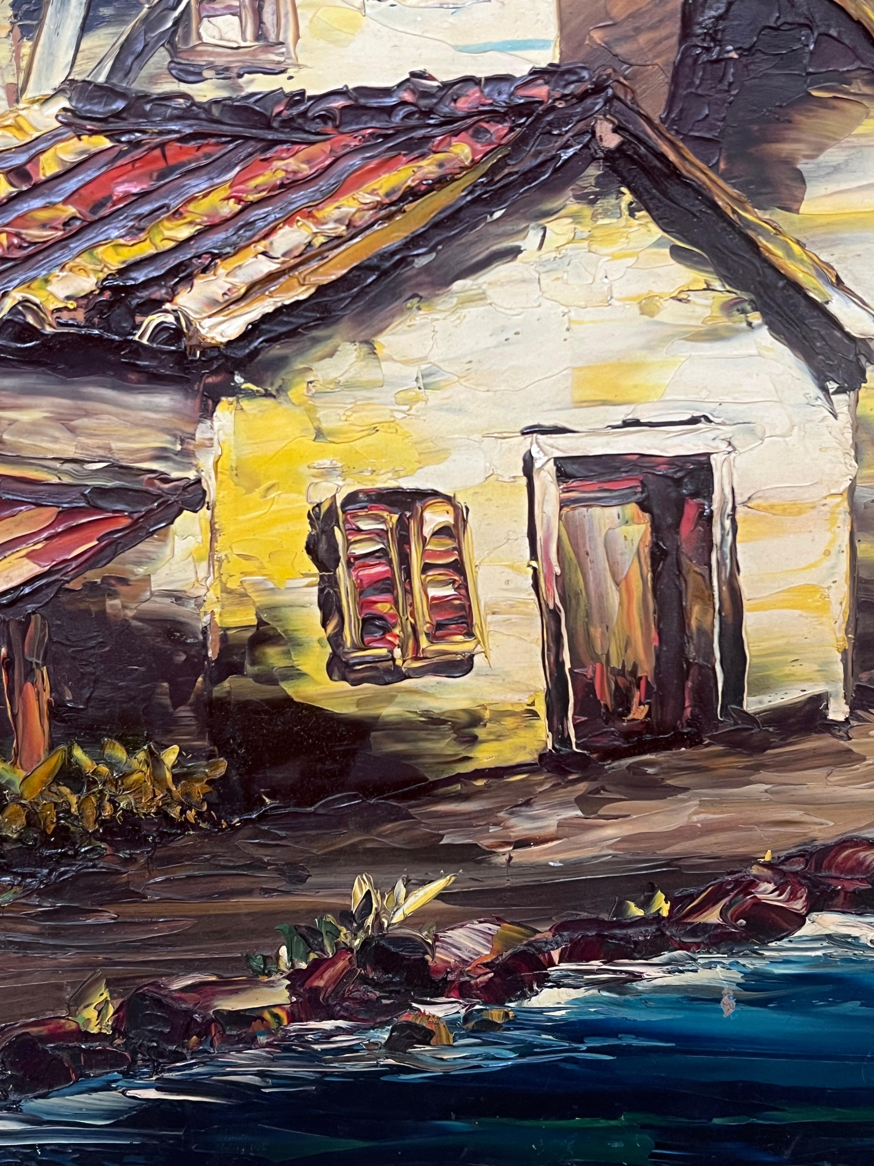 Huile de l'expressionniste français du 20e siècle signée « Old Houses by River » en vente 1