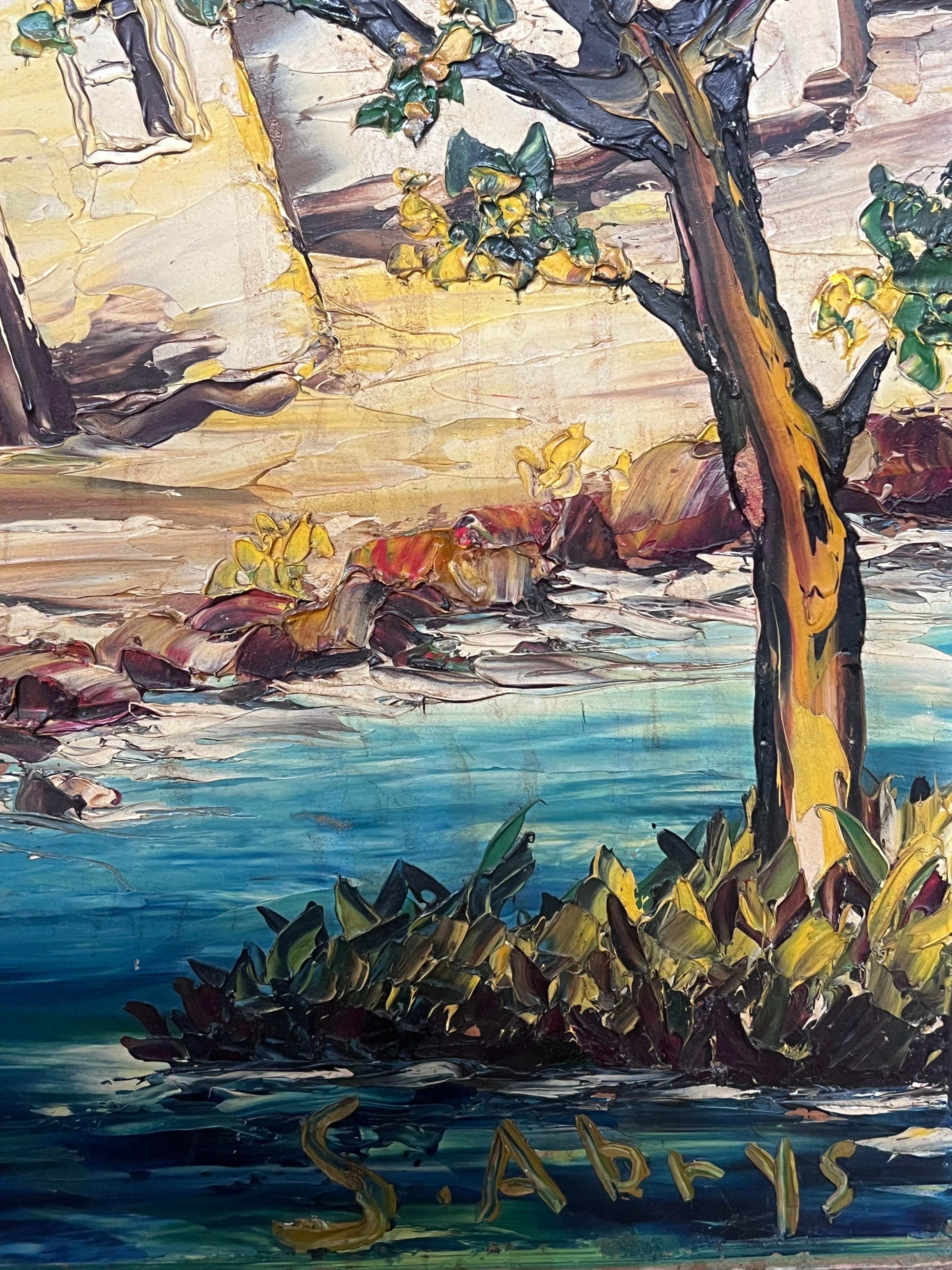Huile de l'expressionniste français du 20e siècle signée « Old Houses by River » en vente 2