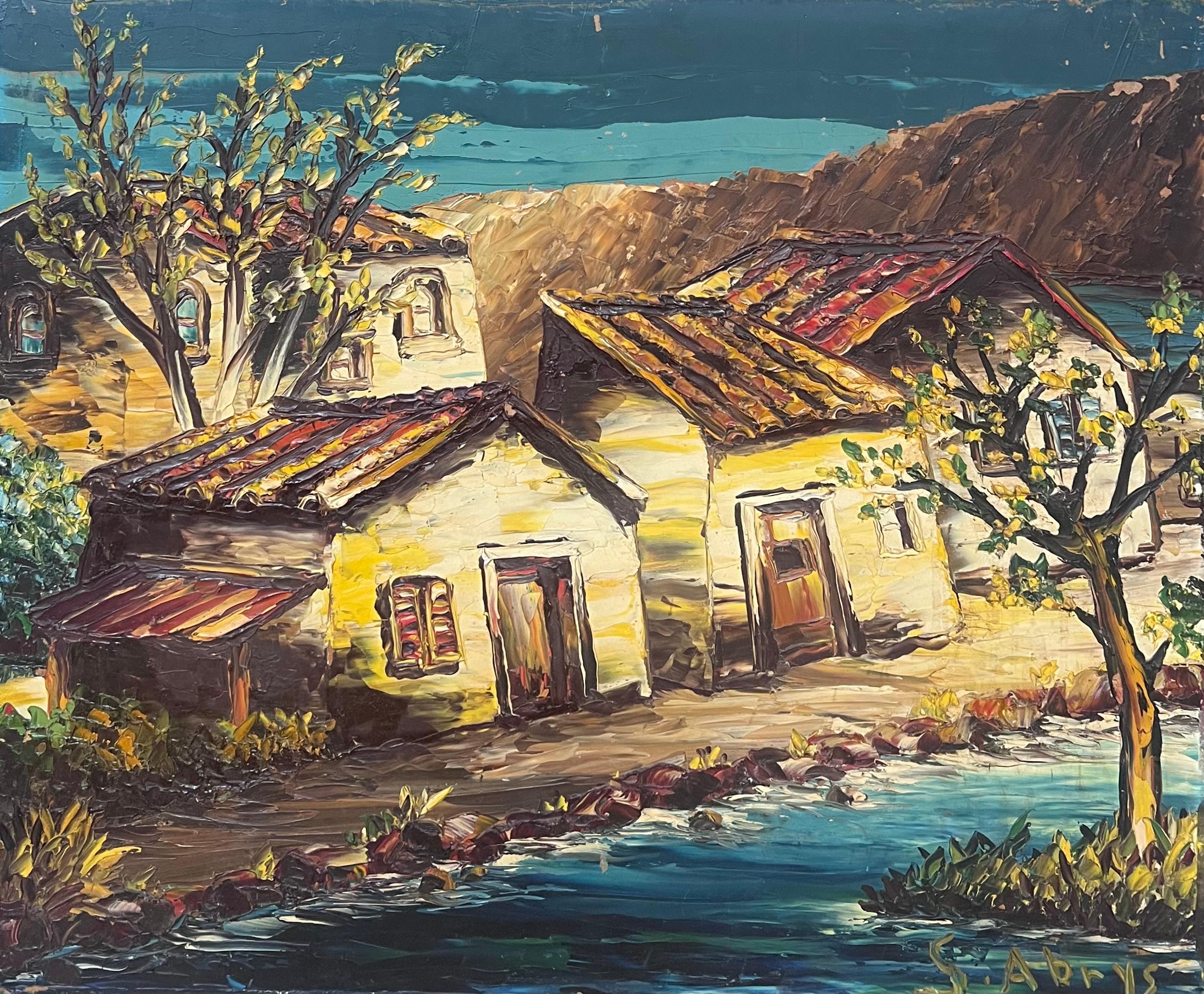 20th Century French Expressionist Signed Oil Old Houses by River