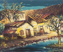 20th Century French Expressionist Signed Oil Old Houses by River