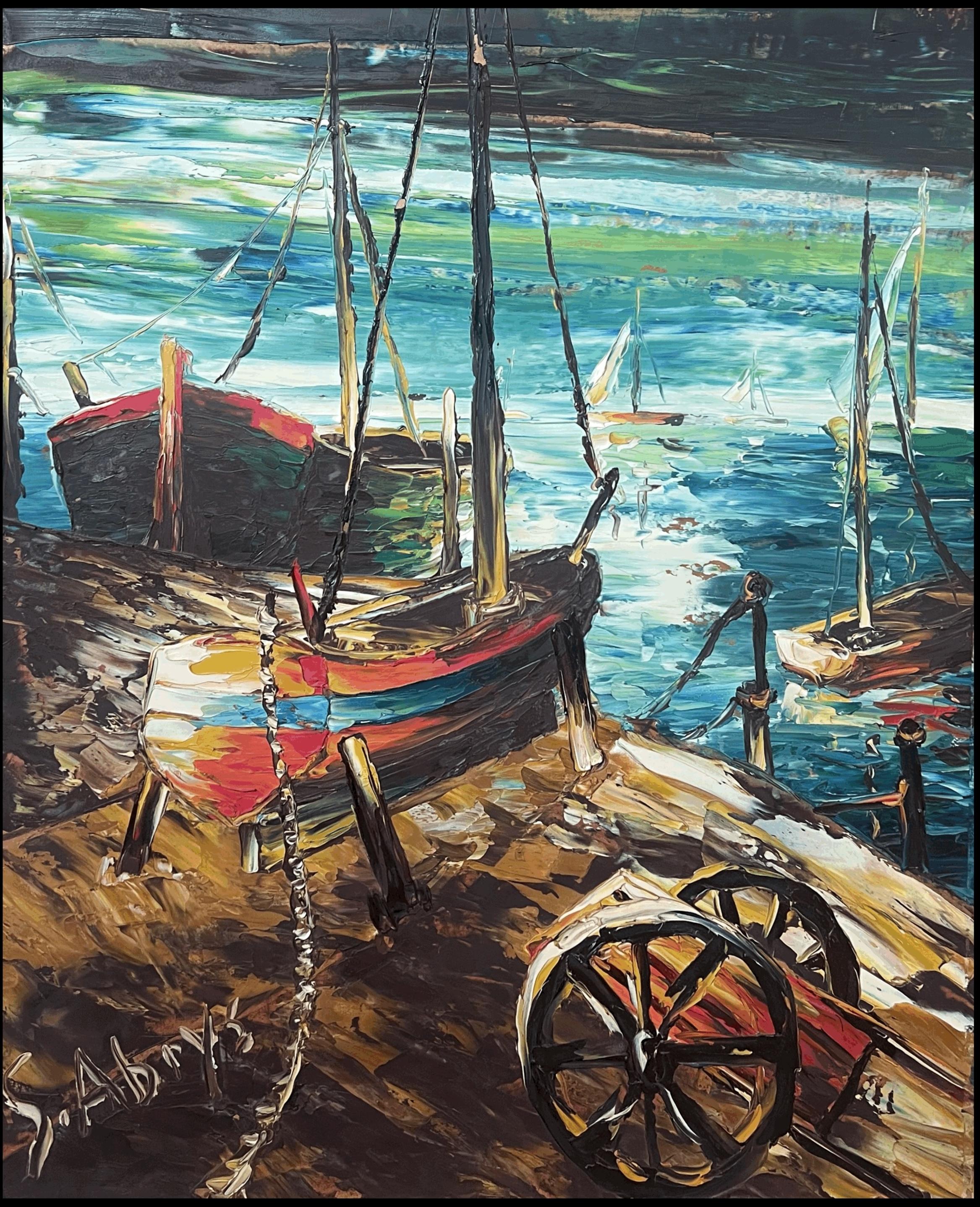 20ème siècle Expressionniste Français Peinture à l'huile signée Bateaux sur le bord du port - Painting de Léon Schwartz - Abrys
