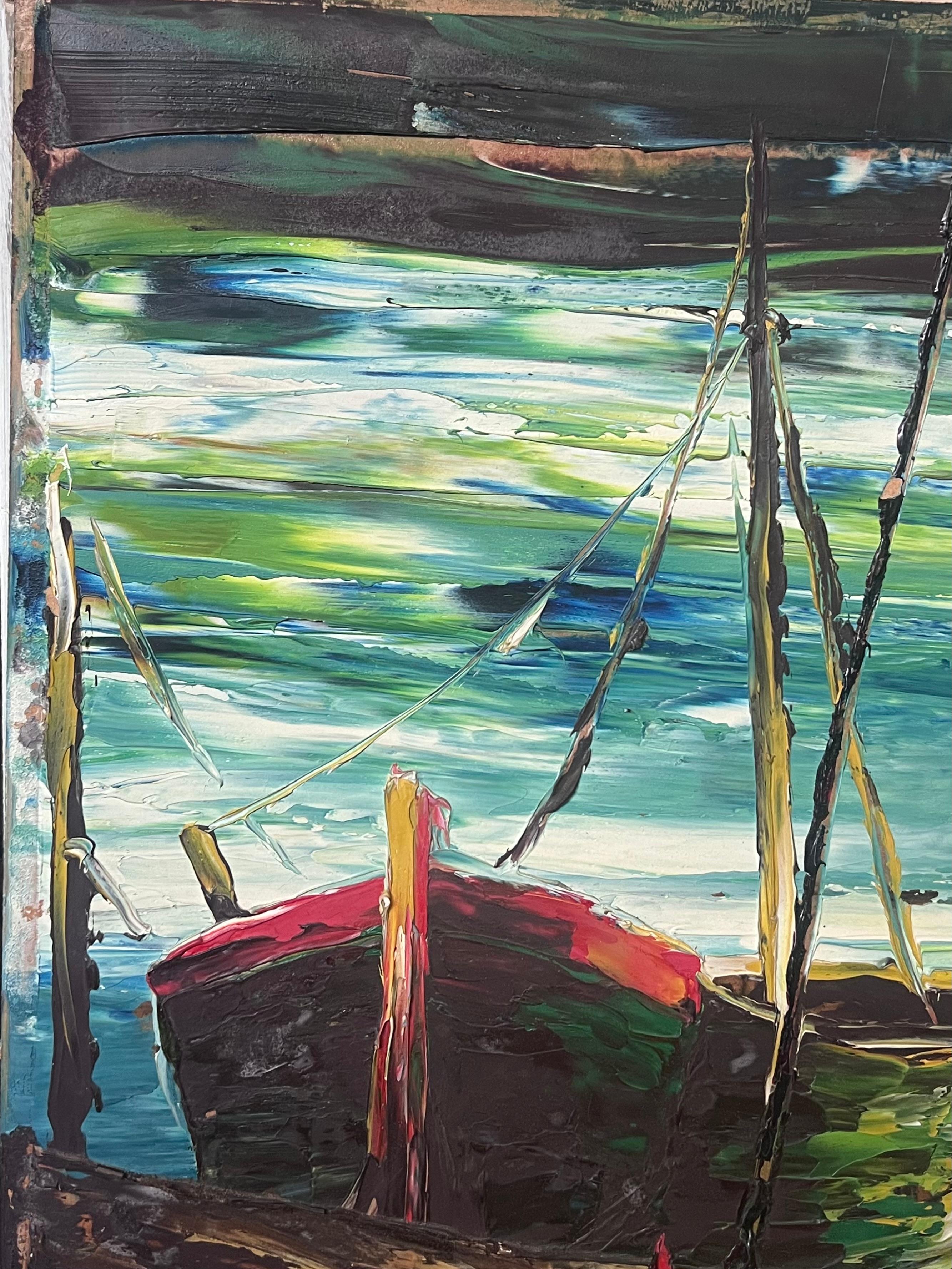 20ème siècle Expressionniste Français Peinture à l'huile signée Bateaux sur le bord du port en vente 1