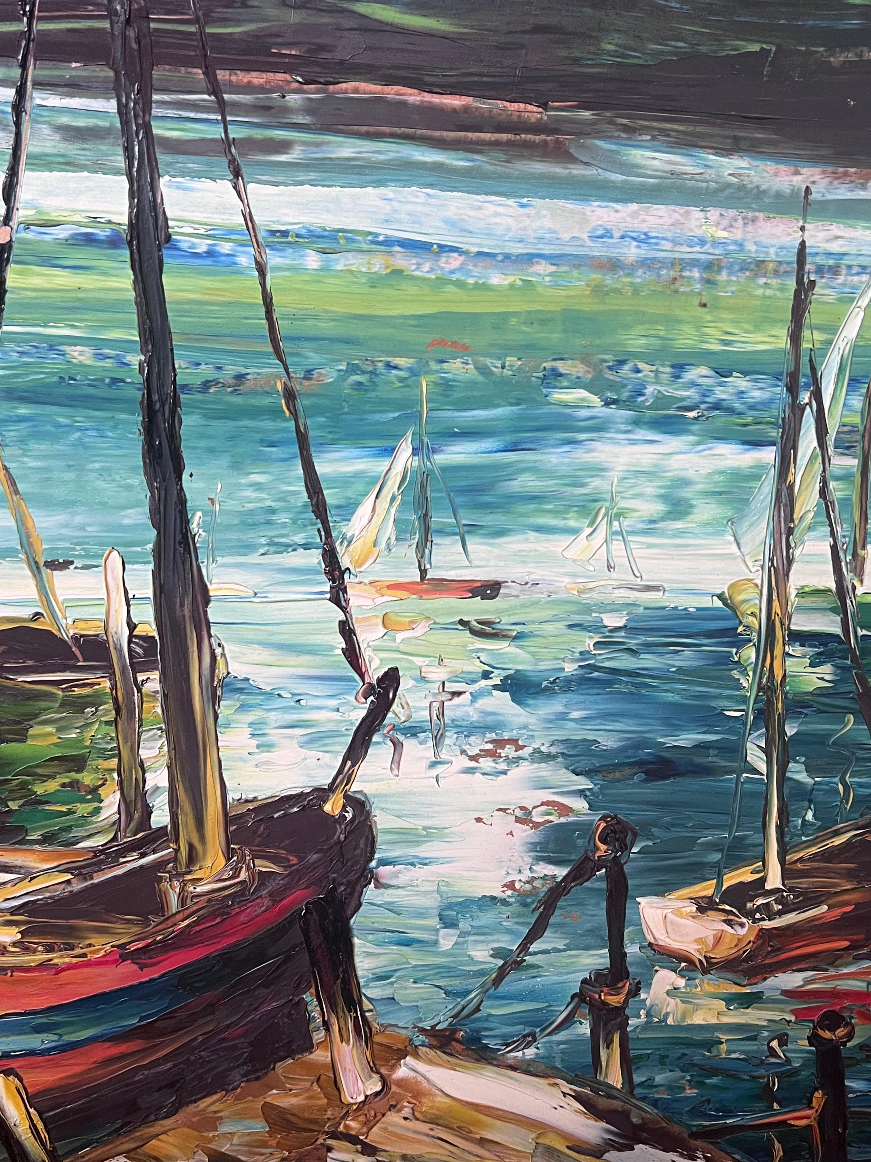 20ème siècle Expressionniste Français Peinture à l'huile signée Bateaux sur le bord du port en vente 2
