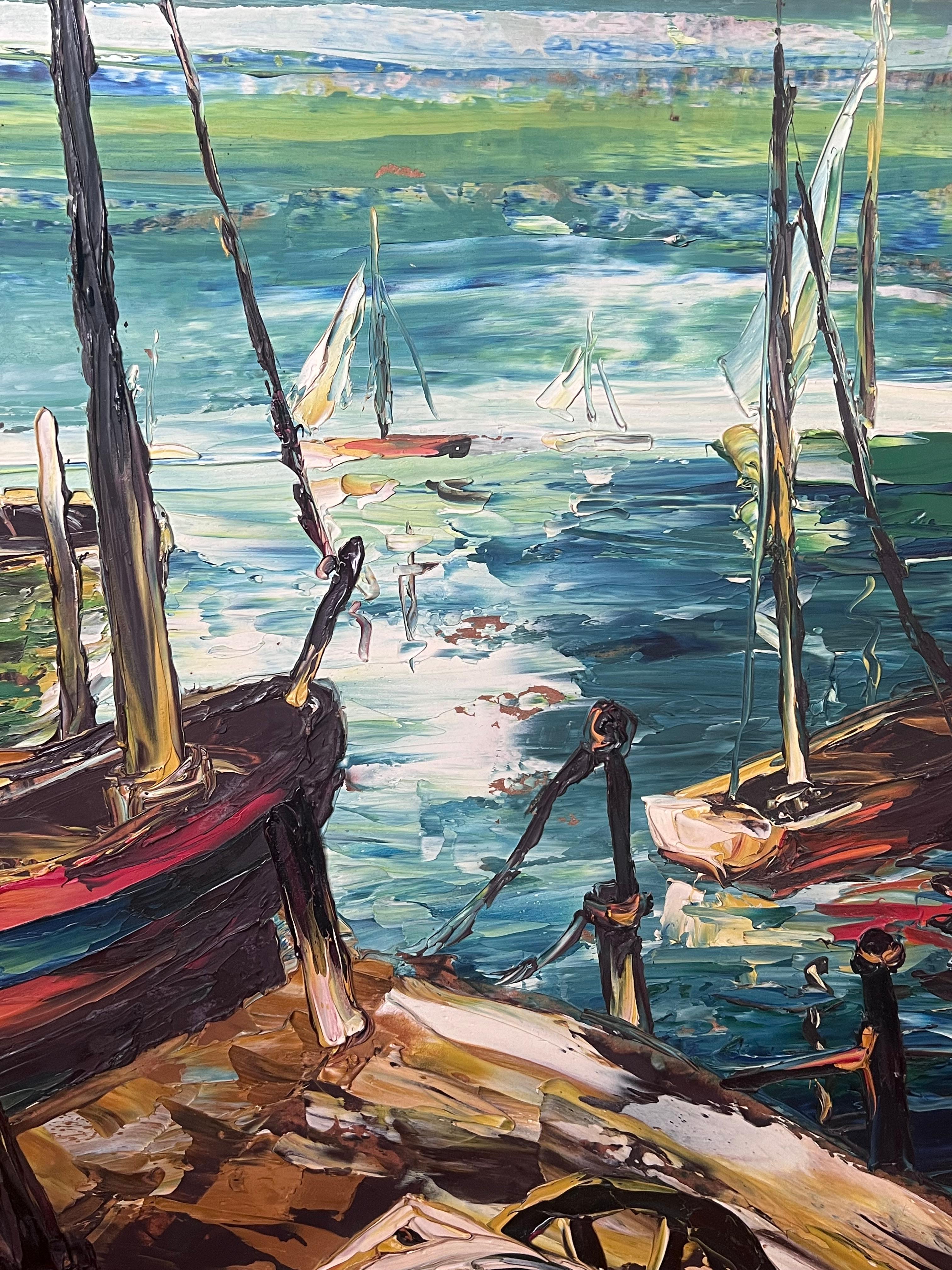 20ème siècle Expressionniste Français Peinture à l'huile signée Bateaux sur le bord du port en vente 3